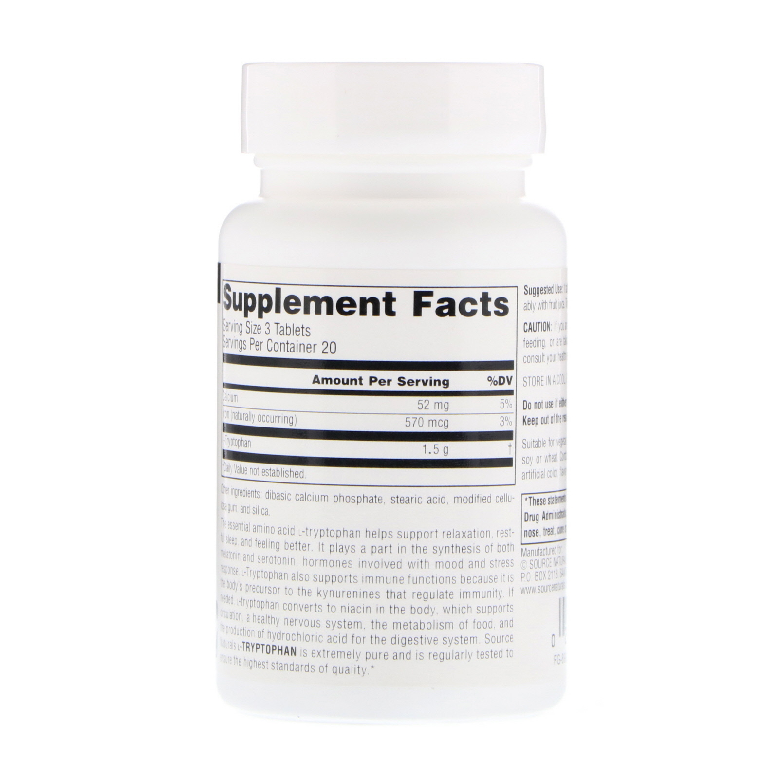 Source Naturals, L-triptofano, 500 mg, 60 Comprimidos - Imagem 2