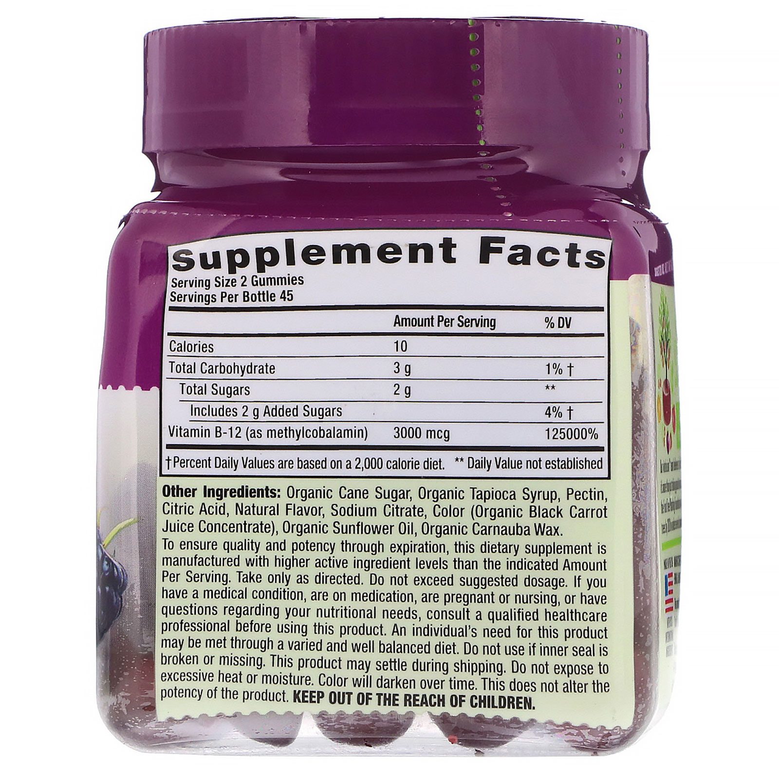 VitaFusion, Organic Vitamin B-12, Black Raspberry, 3,000 mcg, 90 Vegetarian Gummies - Imagem 2