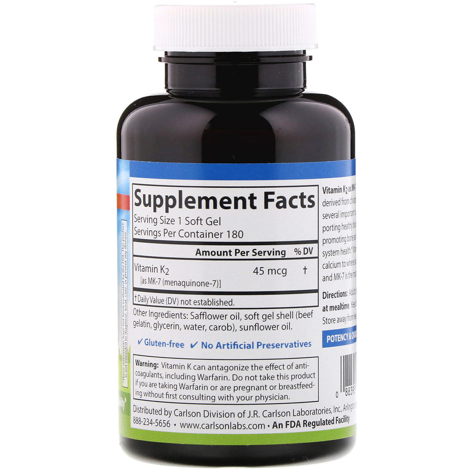 Carlson Labs, Vitamina K2 MK-7 (Menaquinona-7), 45 mcg, 180 Cápsulas Softgel - Imagem 2