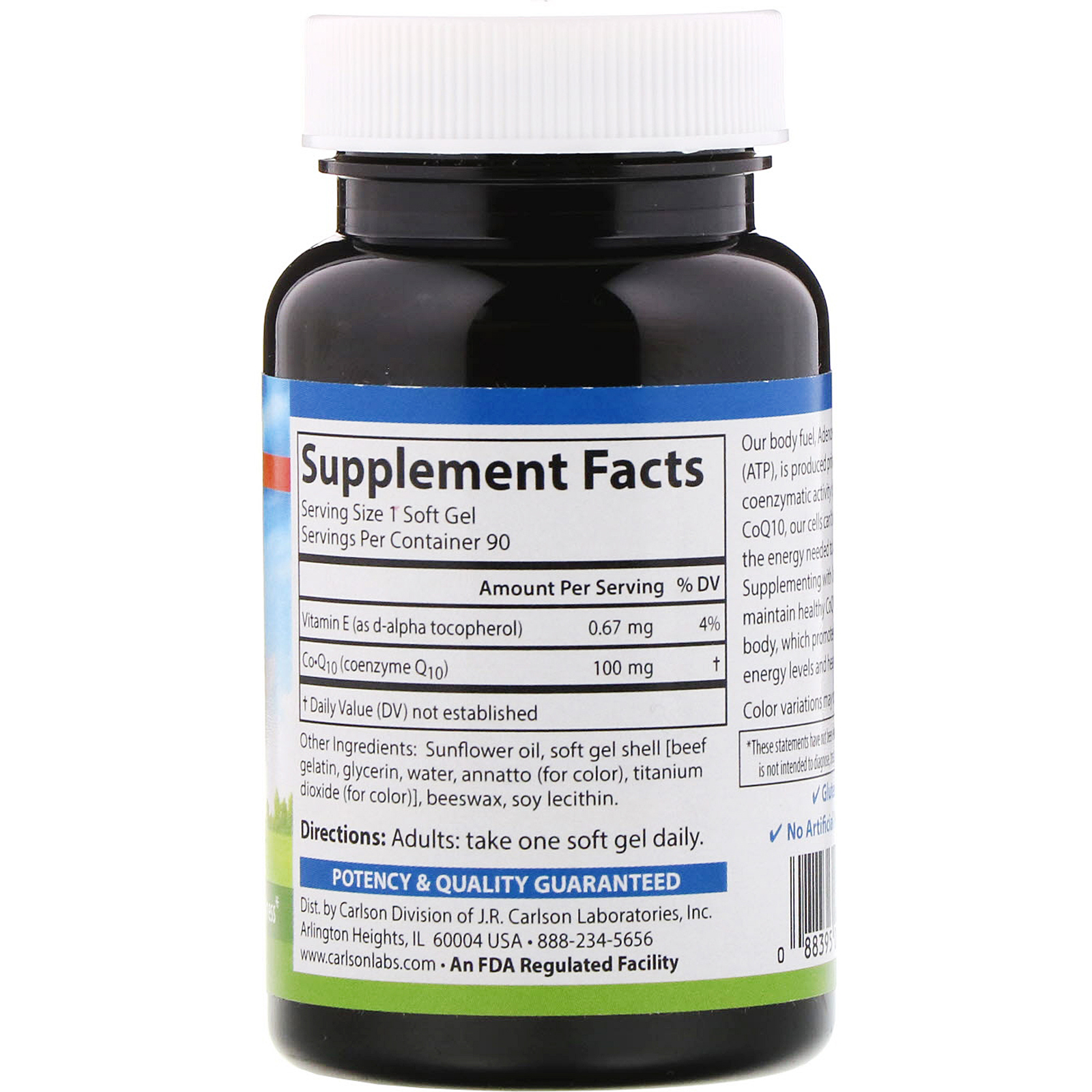 Carlson Labs, CoQ10, 100 mg, 90 Soft Gels - Imagem 2