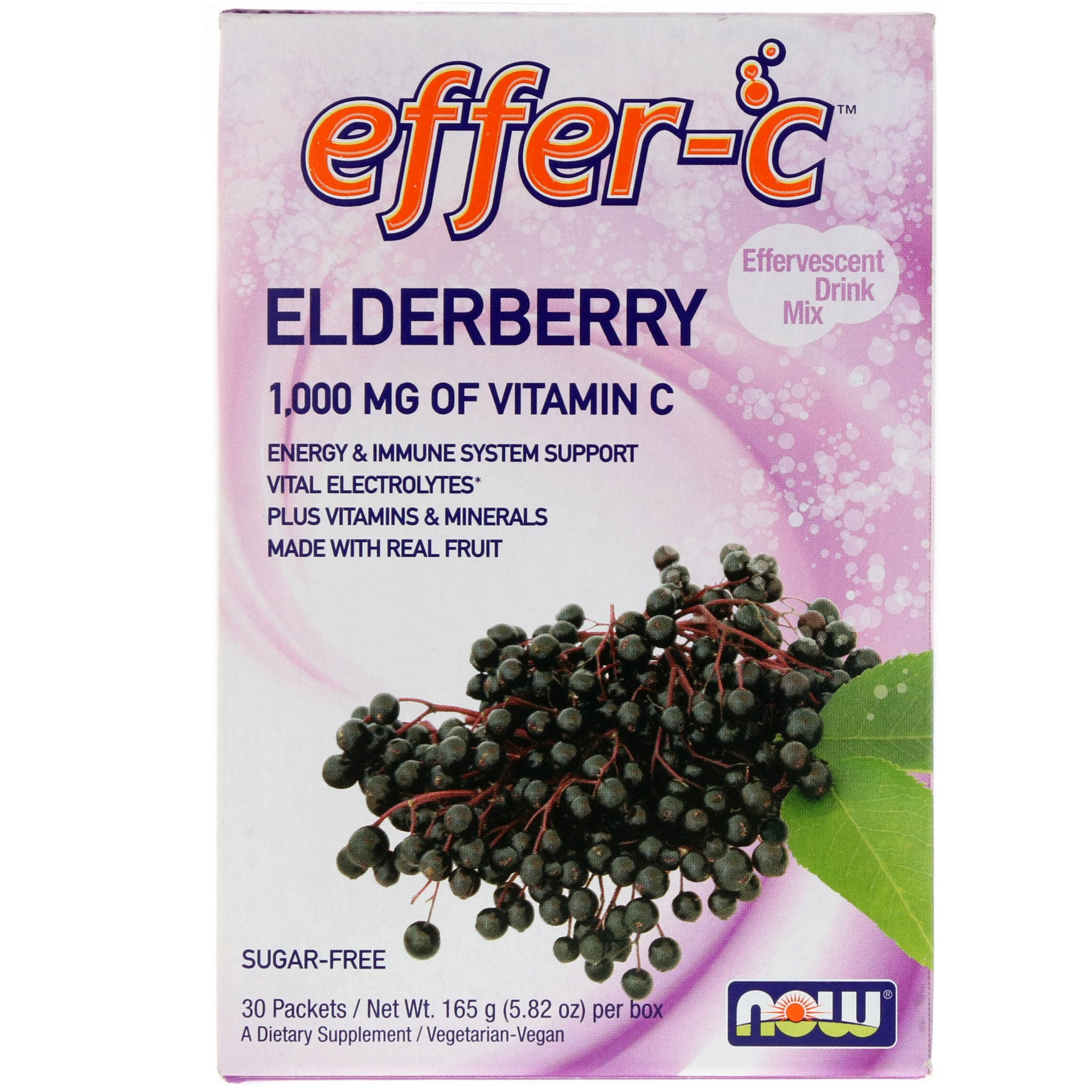 Now Foods, Effer-C, mistura de bebida efervescente, sabugueiro, 30 pacotes, 5,5 g cada