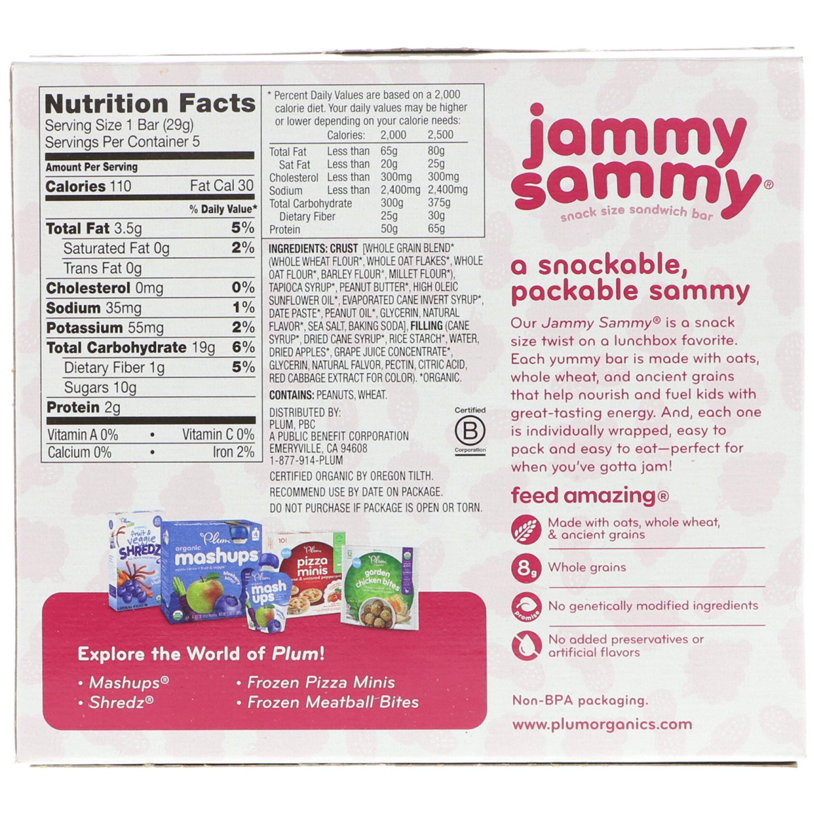 Plum Organics, Jammy Sammy, Peanut Butter & Grape, 5 Bars, 1.02 oz (29 g) Each - Imagem 2