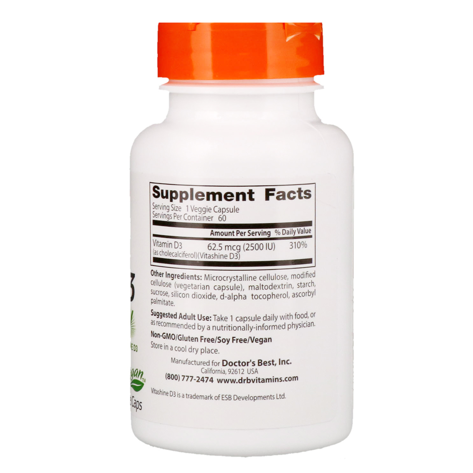 Doctor's Best, Vegan D3 com Vitashine D3, 2.500 UI, 60 Cápsulas Vegetais - Imagem 2