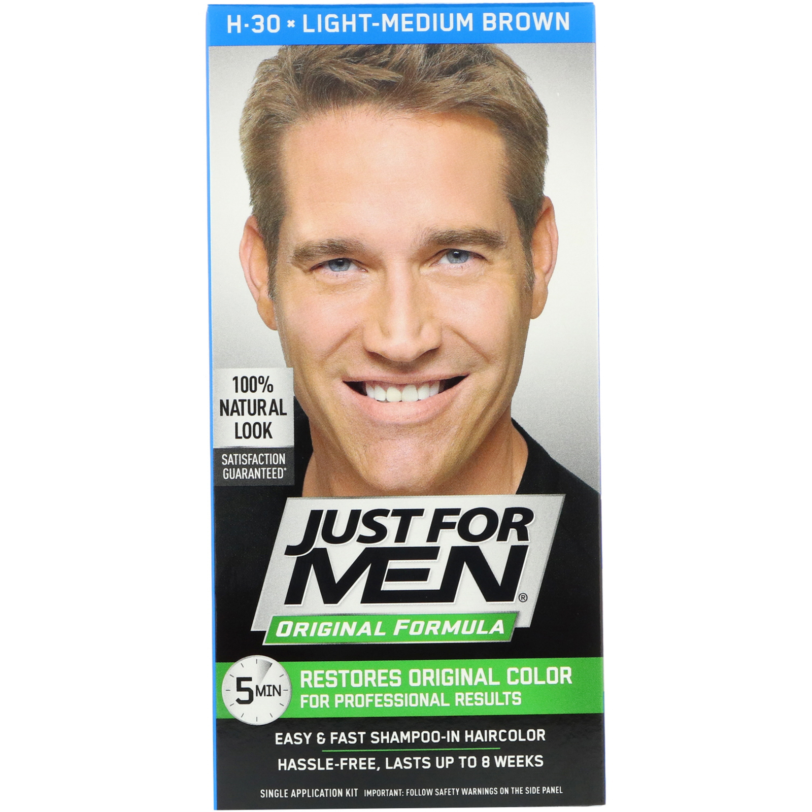 Just for Men, Tintura para cabelo masculino Fórmula original, Light-Medium Brown H-30, Kit com uma aplicação