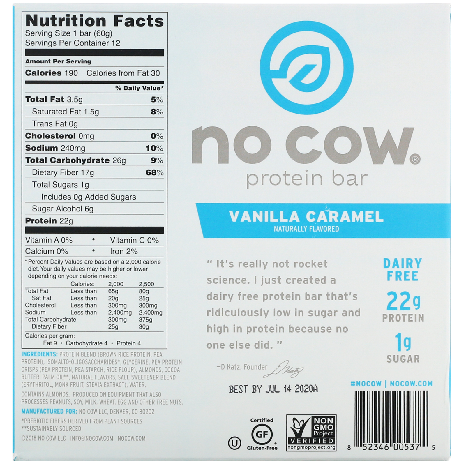 No Cow, Barra de Proteína, Caramelo de Baunilha, 12 Barras, 60 g (2,12 oz) Cada - Imagem 3