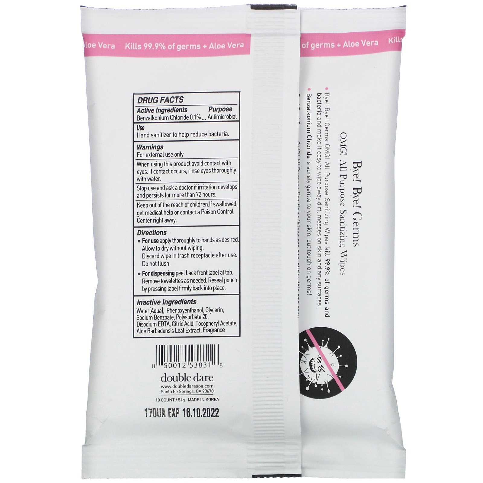 Double Dare, OMG!, Bye Bye Germs, All Purpose Sanitizing Wipes, 10 Wipes - Imagem 2