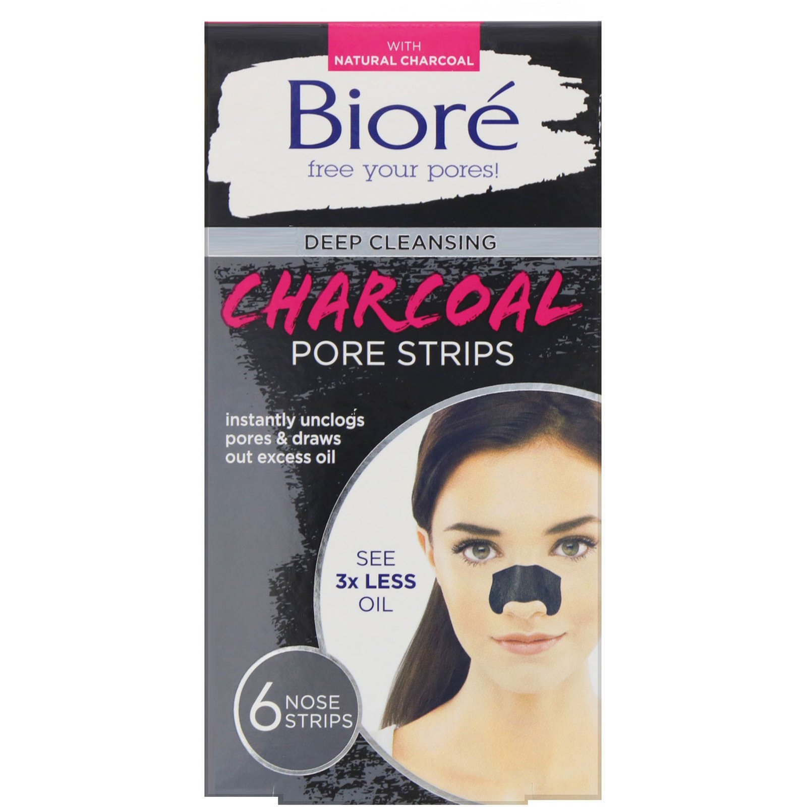 Biore, Fitas para limpeza profunda dos poros, carvão vegetal, 6 fitas nasais
