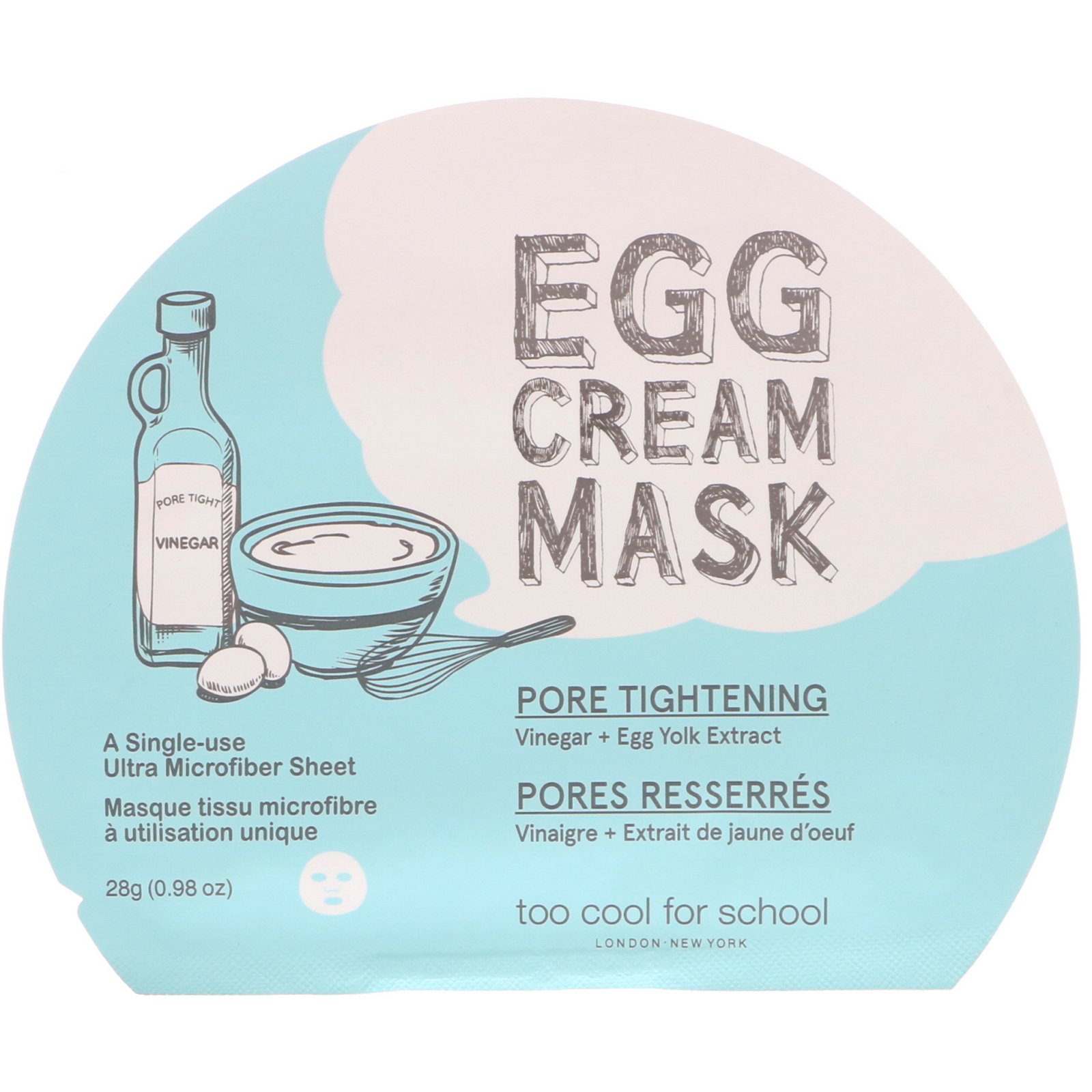 Too Cool for School, Máscara de Creme de Ovo, Fechamento de Poros, 1 Folha, 0,98 oz (28 g)