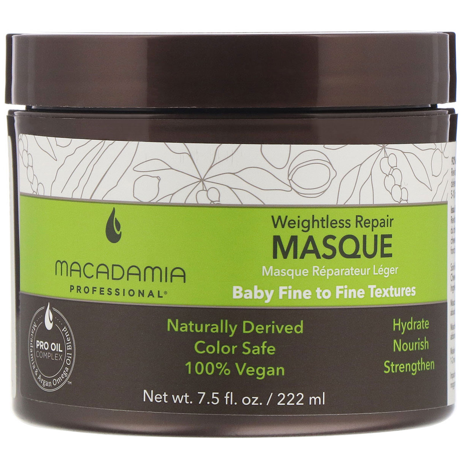 Macadamia Professional, Máscara Reparadora Leve, Texturas Muito Finas a Finas, 222 ml (7,5 fl oz)