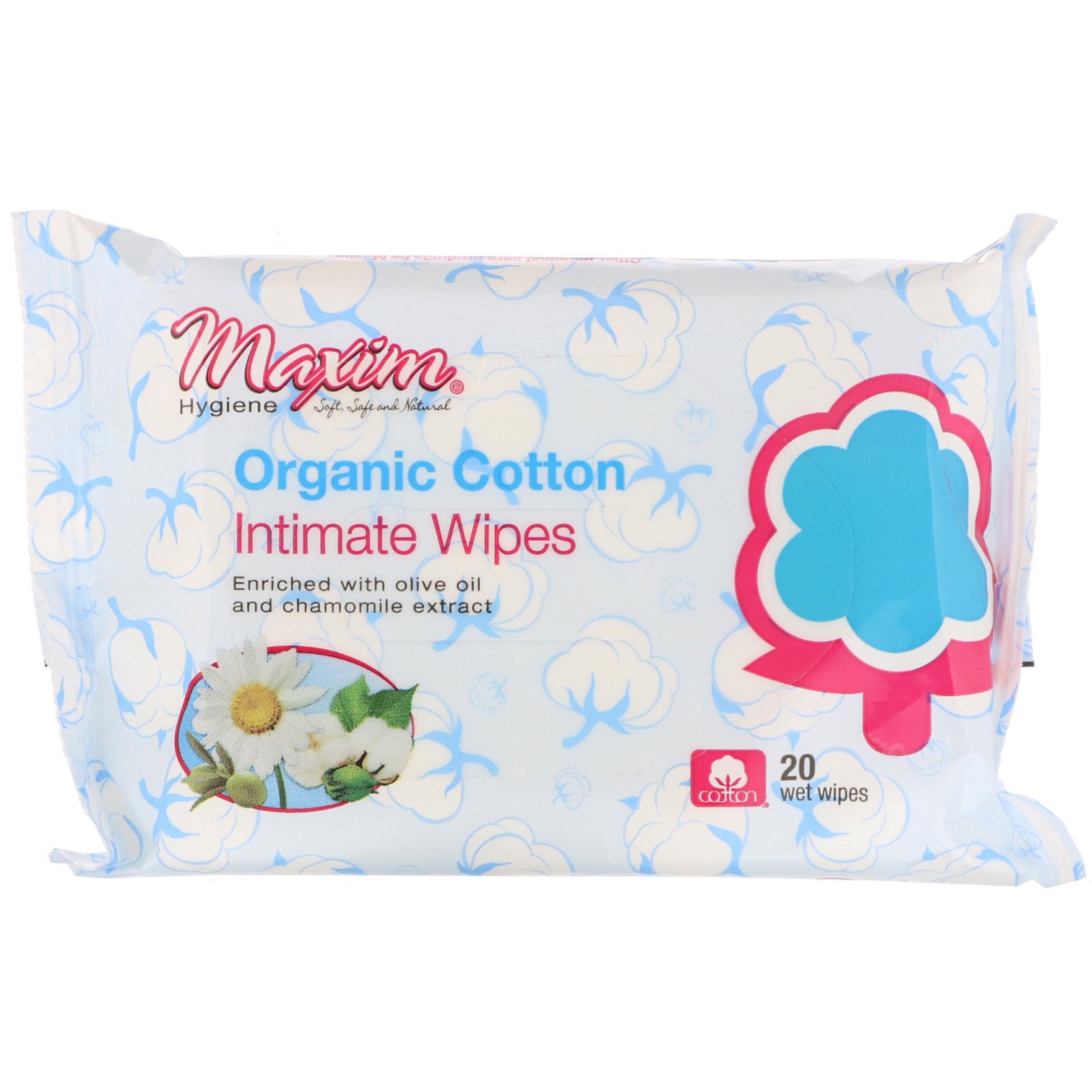 Maxim Hygiene Products, Toalhetes Íntimos de Algodão Orgânico, 20 Toalhetes Úmidos