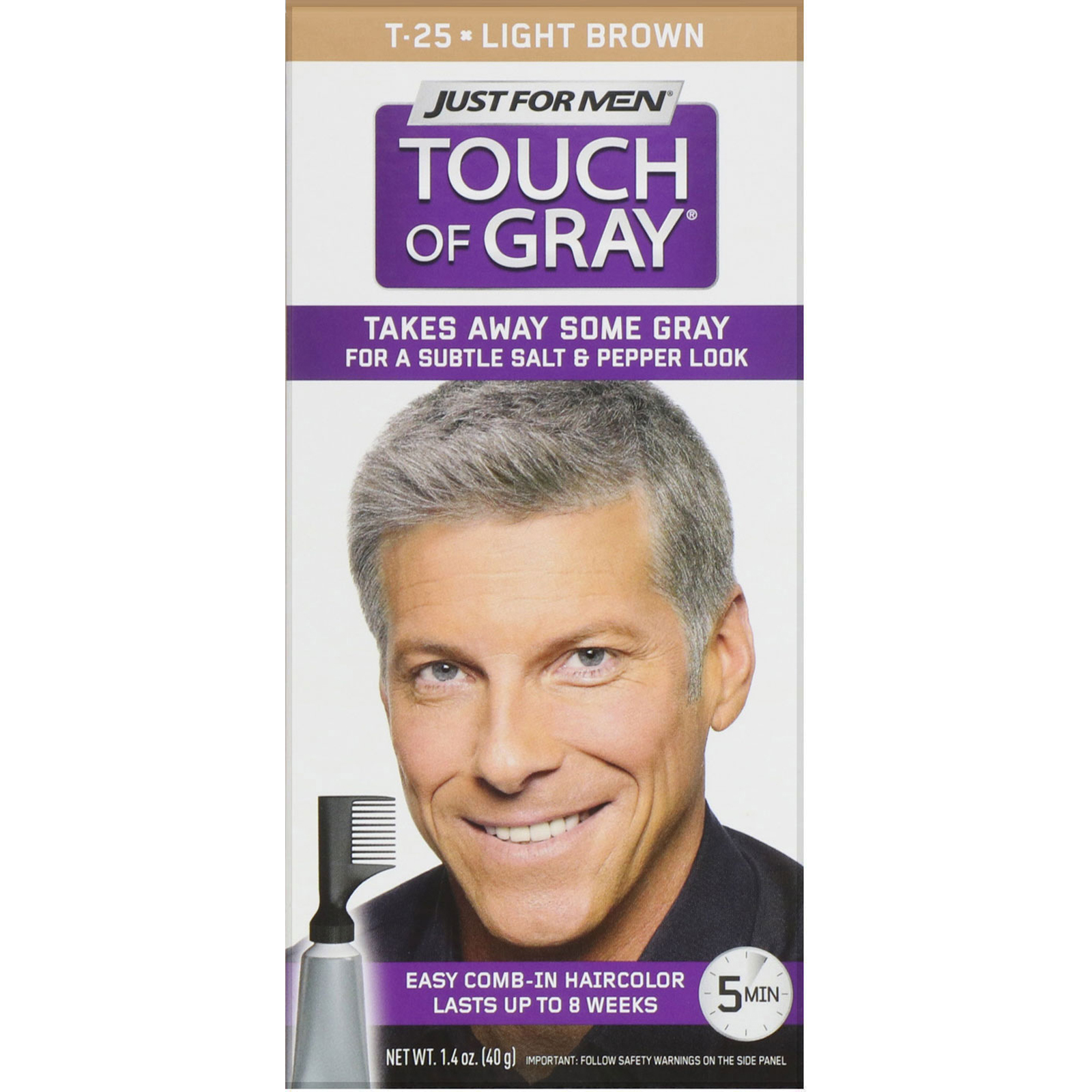 Just for Men, Touch of Gray, Tintura de cabelo com pente, Light Brown T-25, 40 g