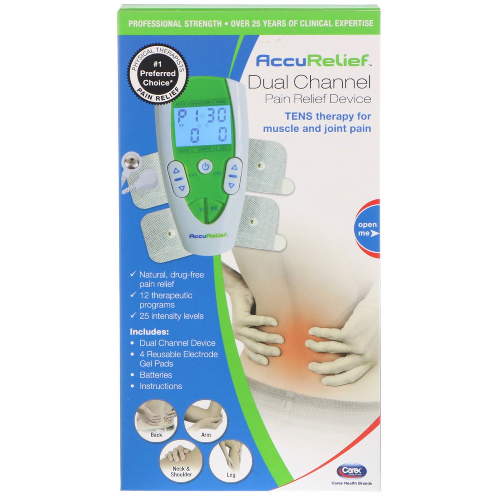 AccuRelief, Dispositivo de alívio da dor de canal duplo, Terapia TENS para dores musculares e articulares, 1 dispositivo de canal duplo e 4 Pads de gel para eletrodos