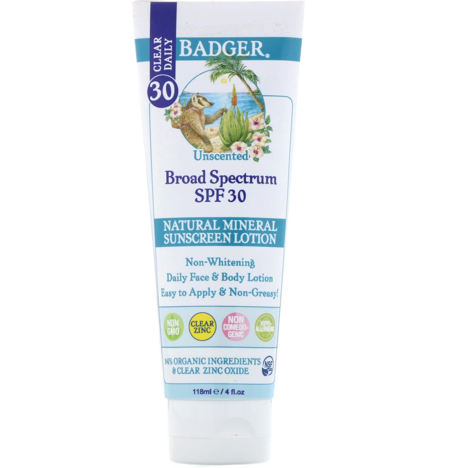 Badger Company, Clear Daily, Loção e Protetor Solar Mineral Natural, Clear Zinc, FPS 30, Sem Perfume, 118 ml (4 fl oz)