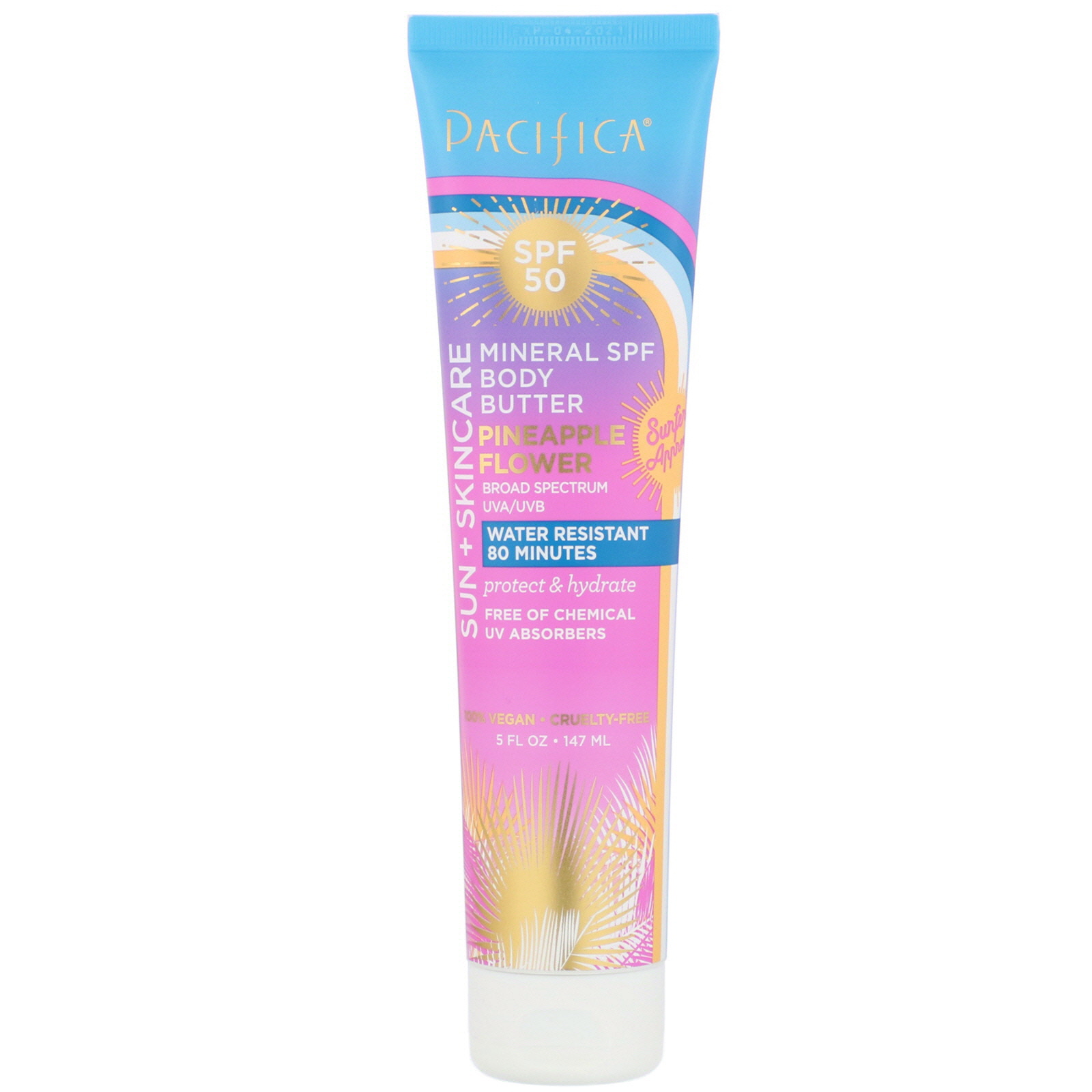 Pacifica, Sol + Cuidados com a pele, Manteiga Corporal Mineral, FPS 50, Flor de Abacaxi, 5 fl oz (147 ml)