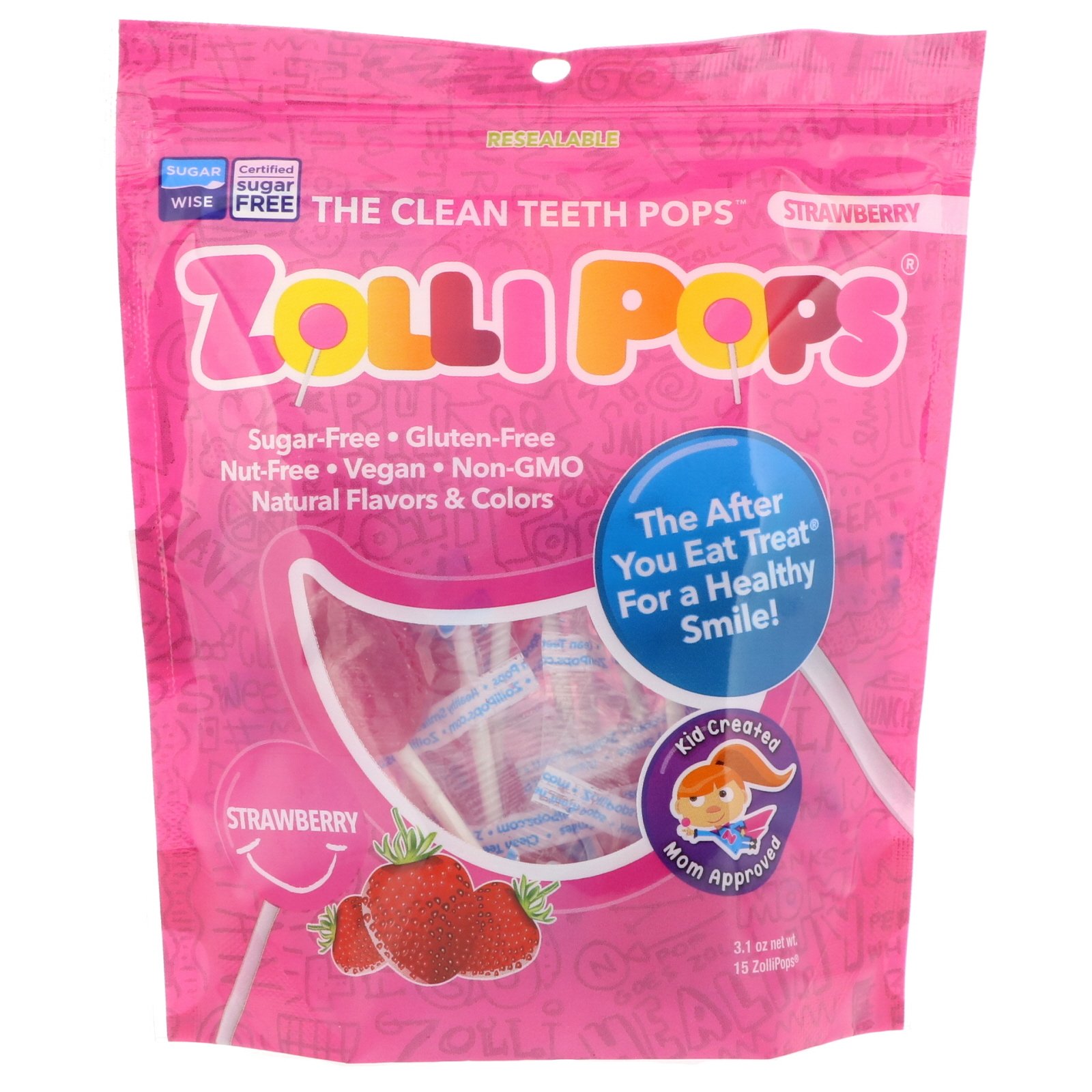Zollipops , Os Pirulitos para Dentes Limpos, Morango, 15 ZolliPops, 3,1 oz (99 g)