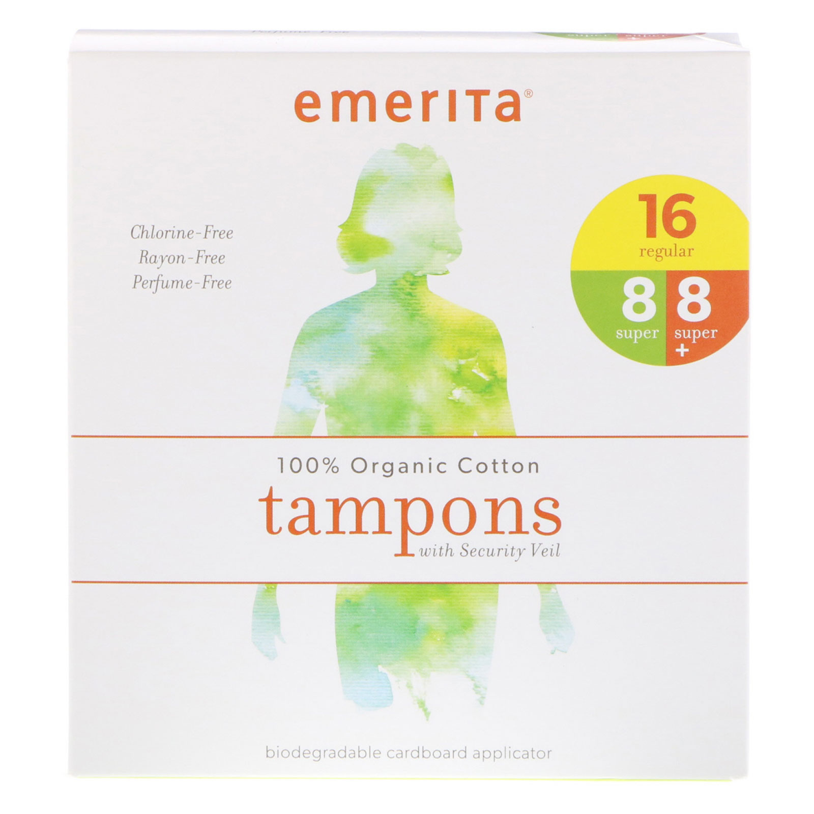 Emerita, Absorventes Internos de Algodão 100% Natural com Véu de Segurança, Pacote Múltiplo, 32 Absorventes Internos