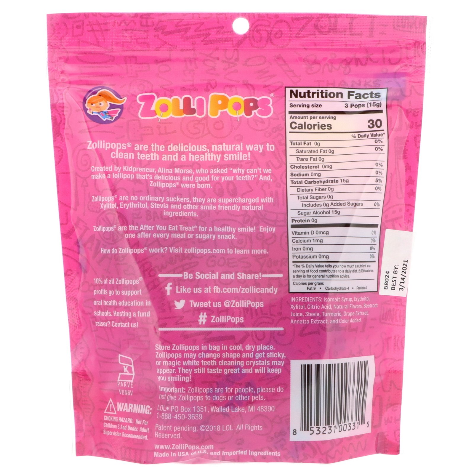 Zollipops , Os Pirulitos para Dentes Limpos, Morango, 15 ZolliPops, 3,1 oz (99 g) - Imagem 2