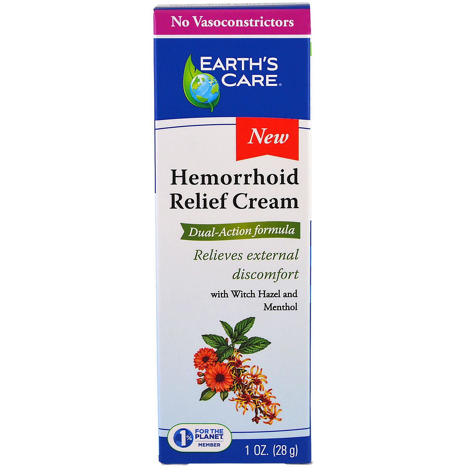 Earth's Care, Hemorrhoid Relief Cream, with Witch Hazel and Menthol, 1 oz (28 g)