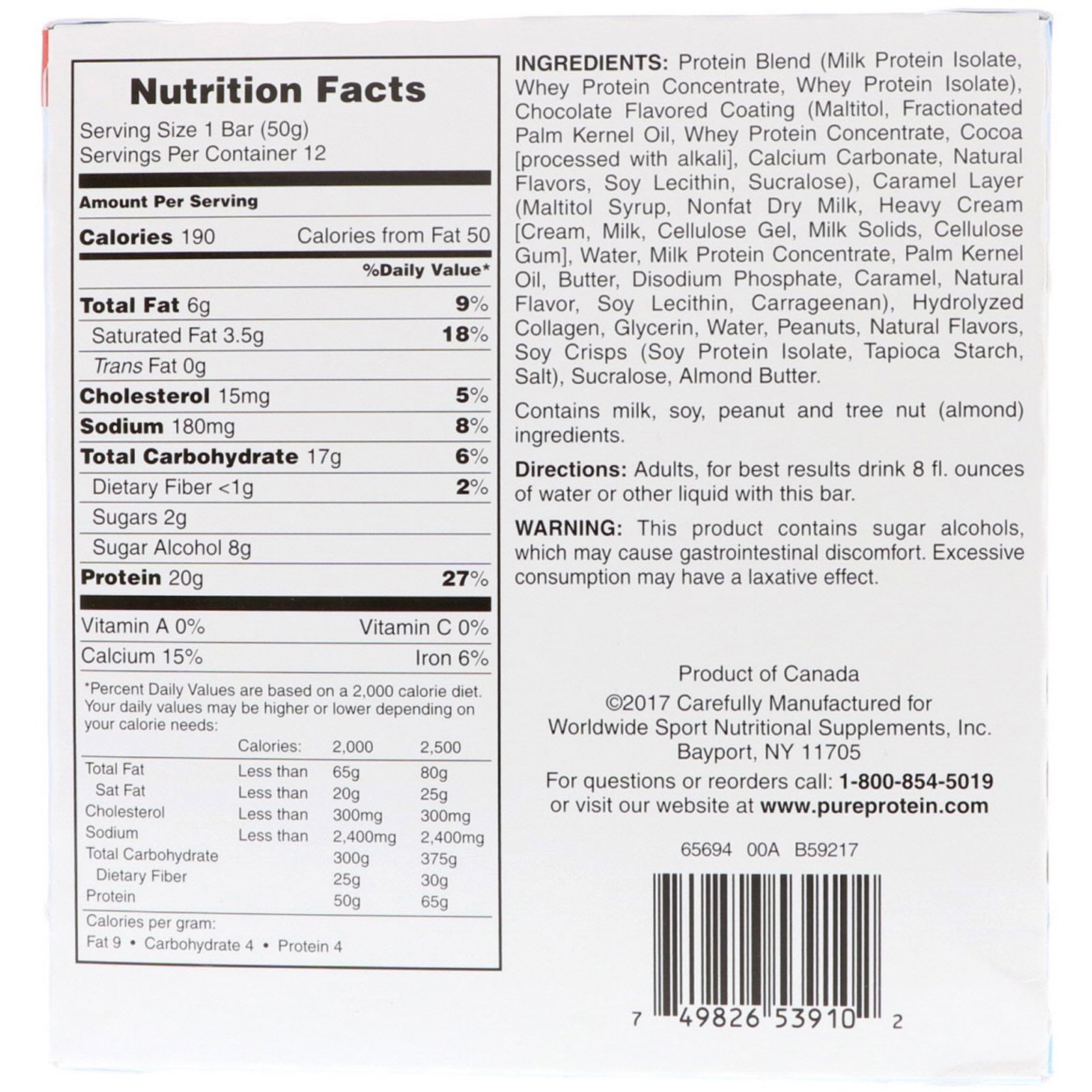 Pure Protein, Barra de Chocolate com Amendoim e Caramelo, 12 Barras, 50 g (1,76 oz) Cada - Imagem 2