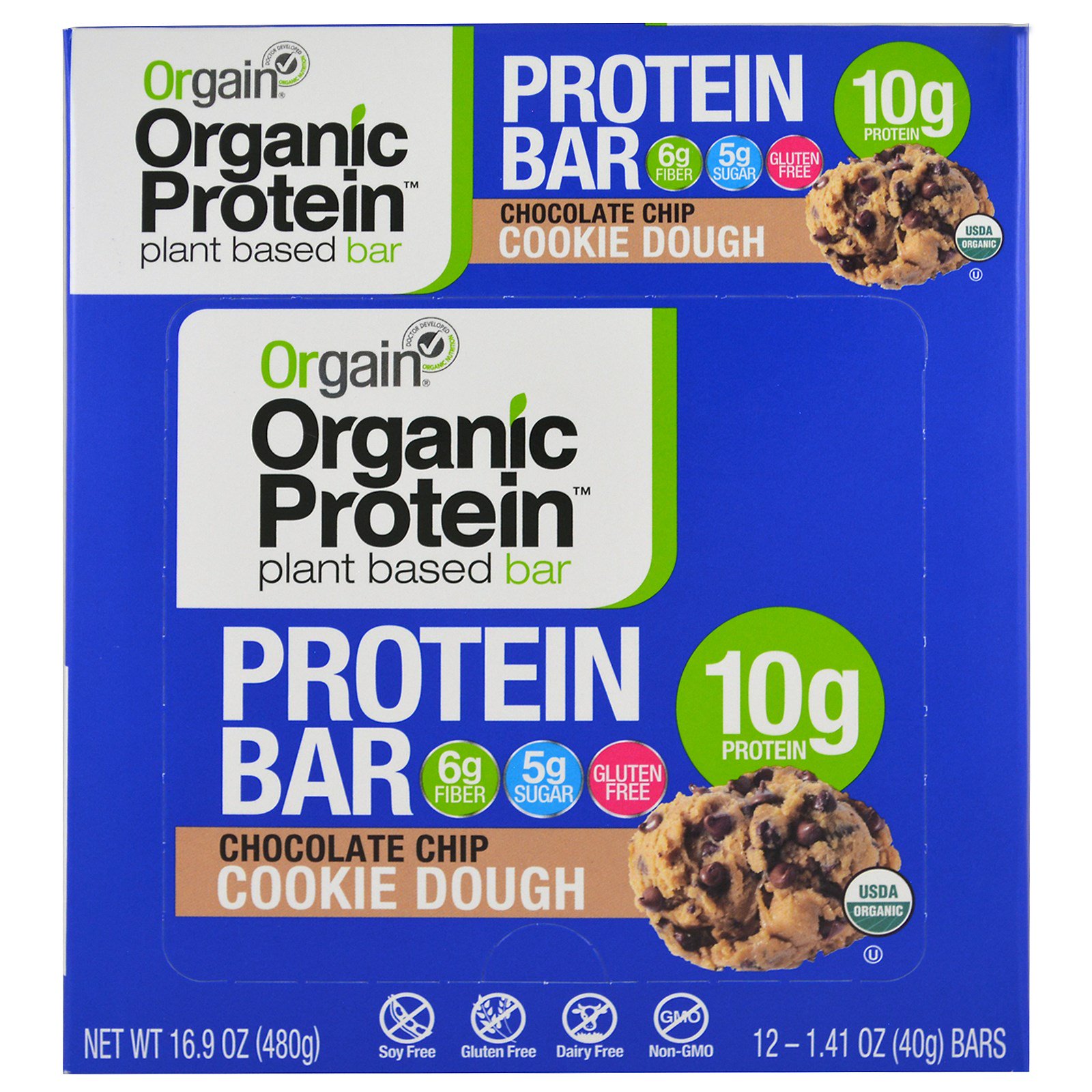 Orgain, Barra de Proteínas Orgânicas à Base de Plantas, Massa de Biscoito com Pedaços de Chocolate, 12 Barras, 40 g (1,41 oz) Cada - Imagem 2