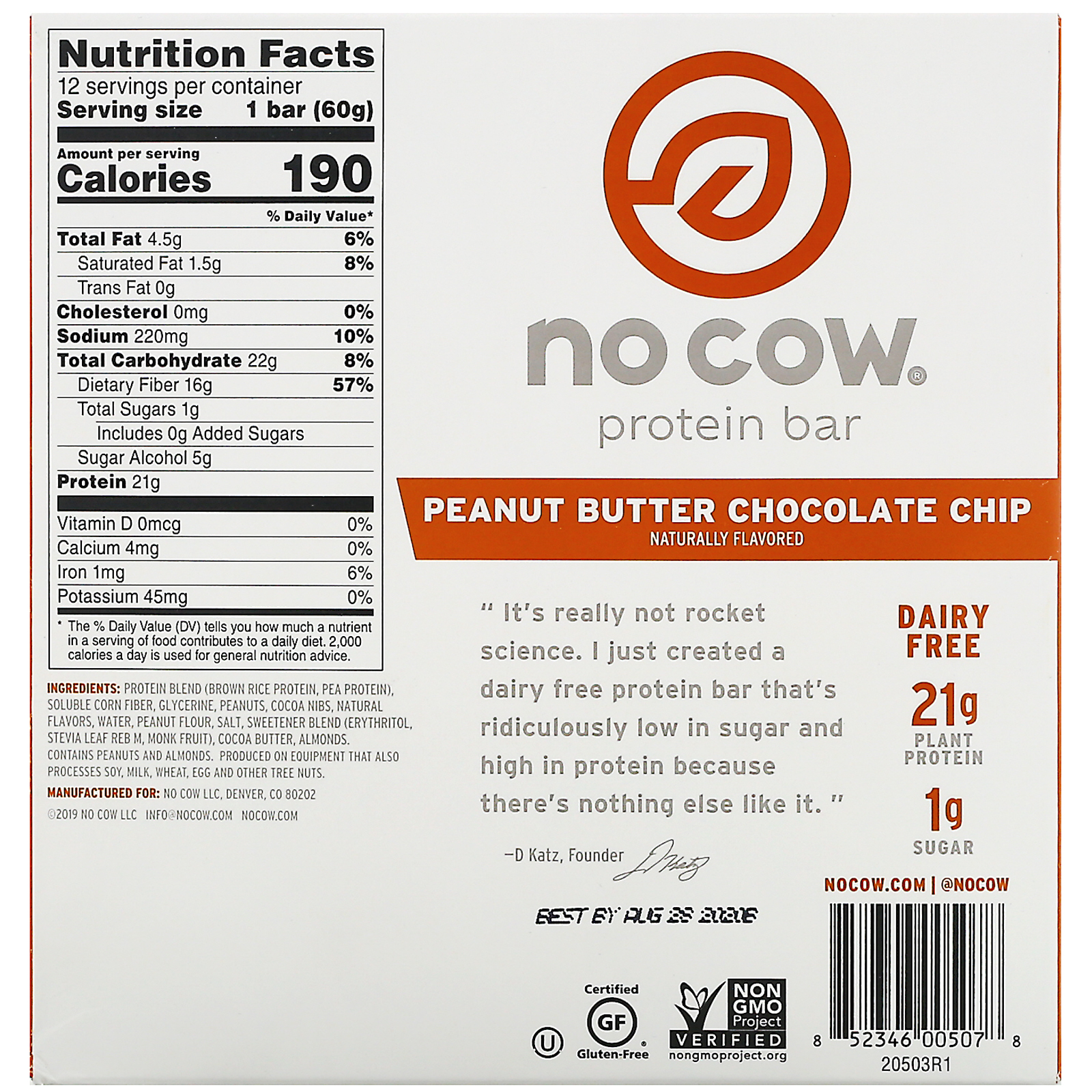 No Cow, Barra de Proteína, Chips de Chocolate com Manteiga de Amendoim, 12 Barras, 60 g (2,12 oz ) Cada - Imagem 3