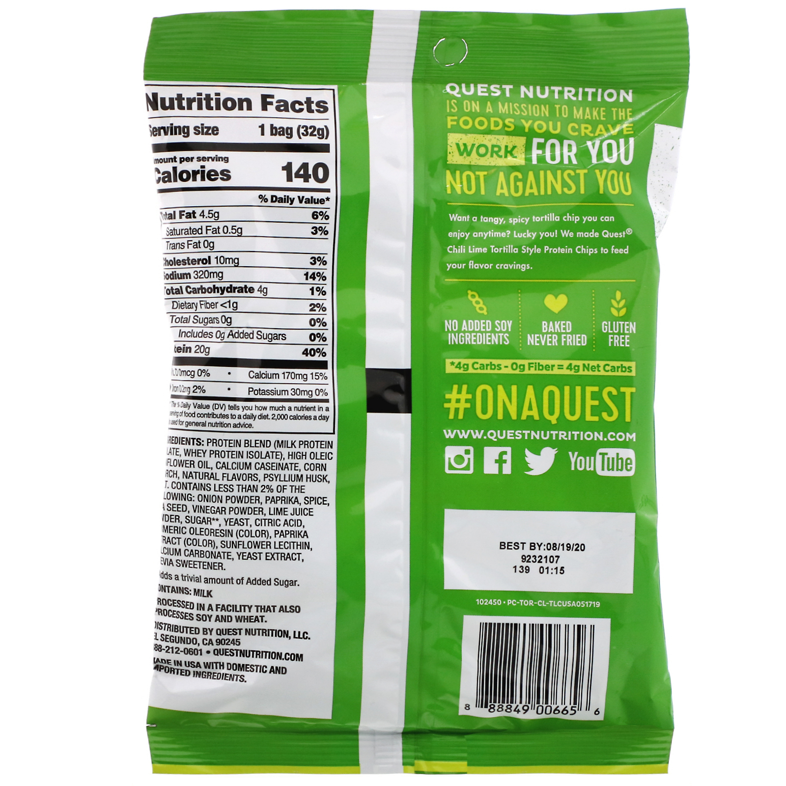 Quest Nutrition, Tortilla Style Protein Chips, Chili Lime, 12 Bags, 1.1 oz (32 g) Each - Imagem 2