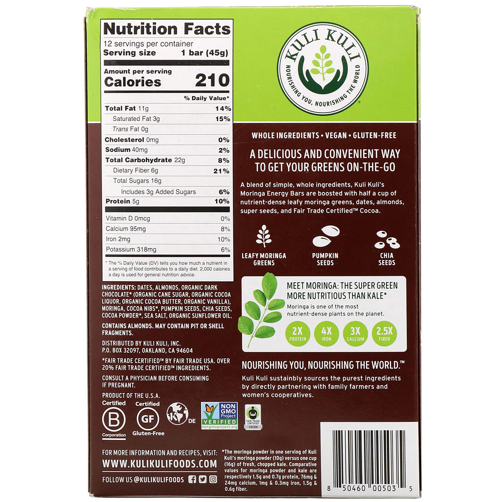 Kuli Kuli, Barra de Moringa, Chocolate Preto, 12 Barras, 1,6 oz (45 g) Cada - Imagem 2