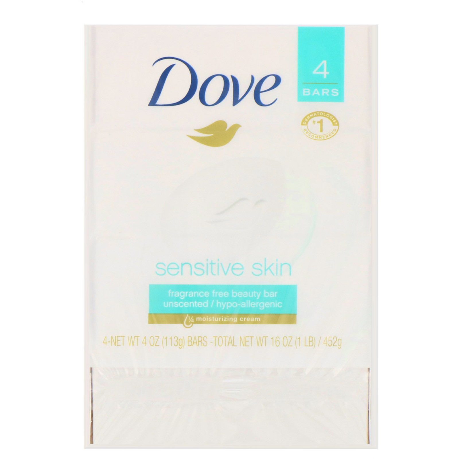 Dove, Sabonete de beleza em barra para pele sensível, sem perfume, 4 barras, 113 g cada