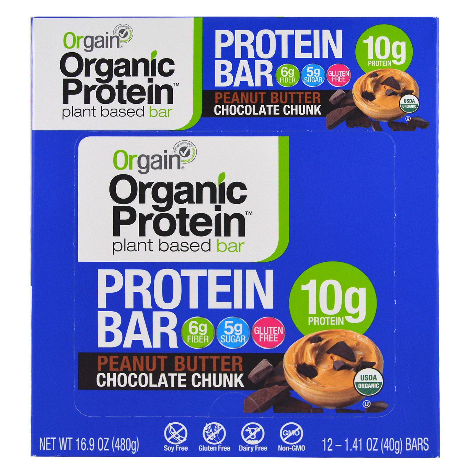 Orgain, Barra de Proteína Orgânica à Base de Plantas, Pedaço de Chocolate com Manteiga de Amendoim, 12 Barras, 40 g (1,41 oz) Cada - Imagem 2