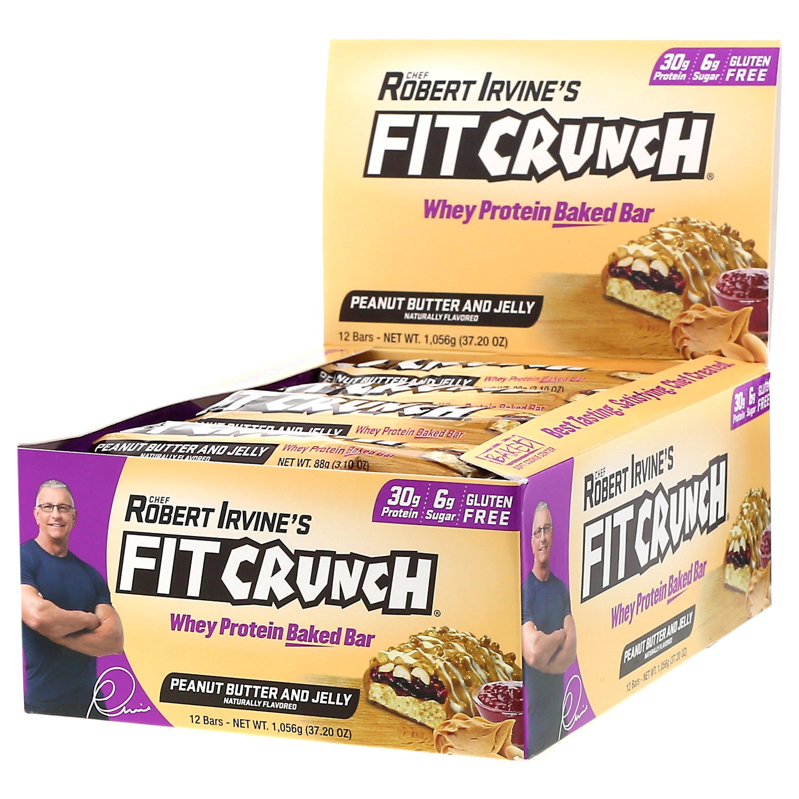 FITCRUNCH, Barra de Proteína do Soro de Leite (Whey), Manteiga de Amendoim e Gelatina, 12 Barras, 88 g (3,10 oz) Cada