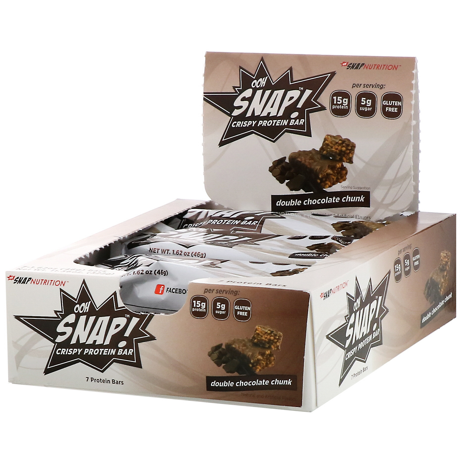 OOH Snap!, Barra de Proteína Crocante, Pedaços de Chocolate Duplo, 7 Barras, 46 g (1,62 oz) Cada