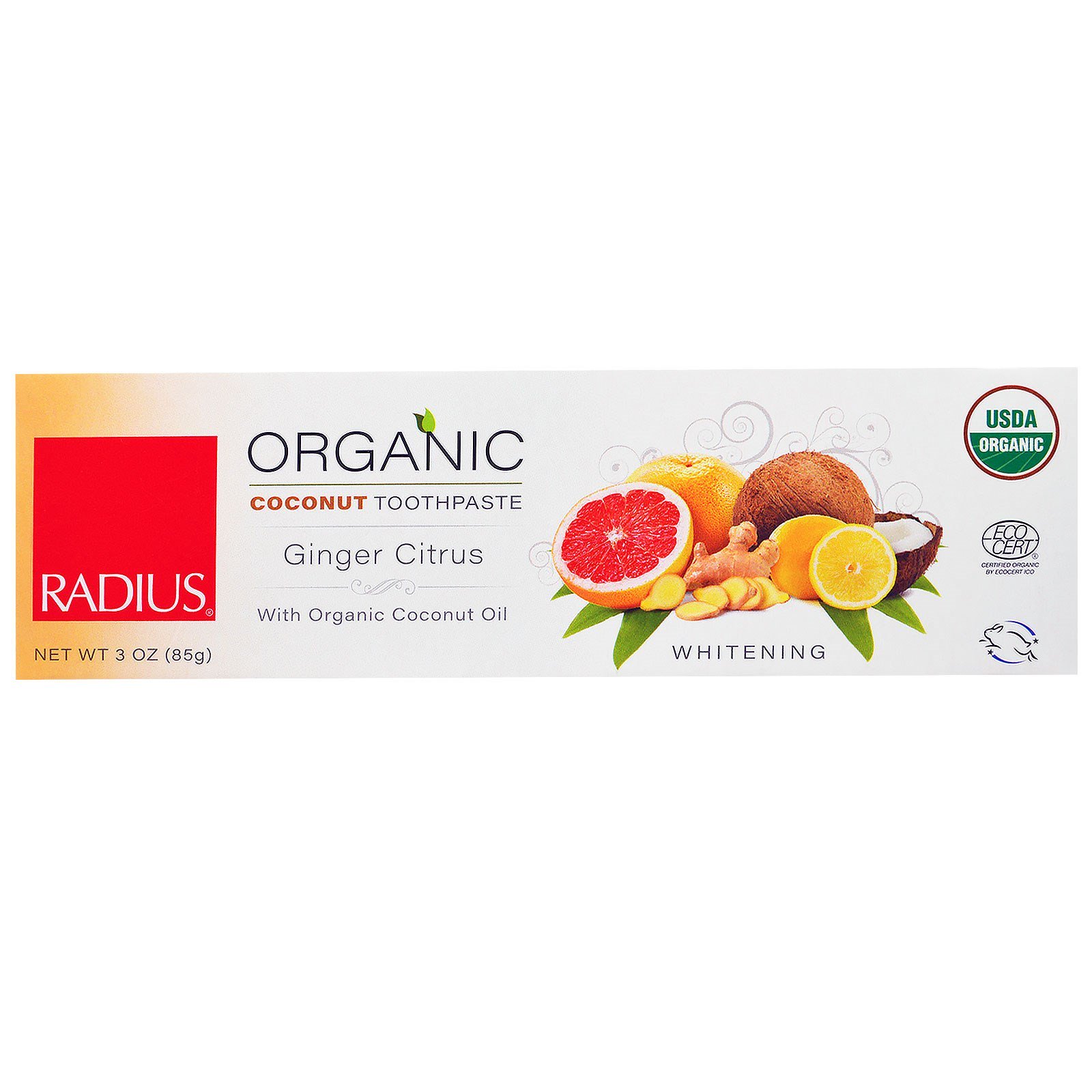 RADIUS, Creme Dental Orgânico USDA Sabor Coco, Gengibre Cítrico, 3 oz (85 g)