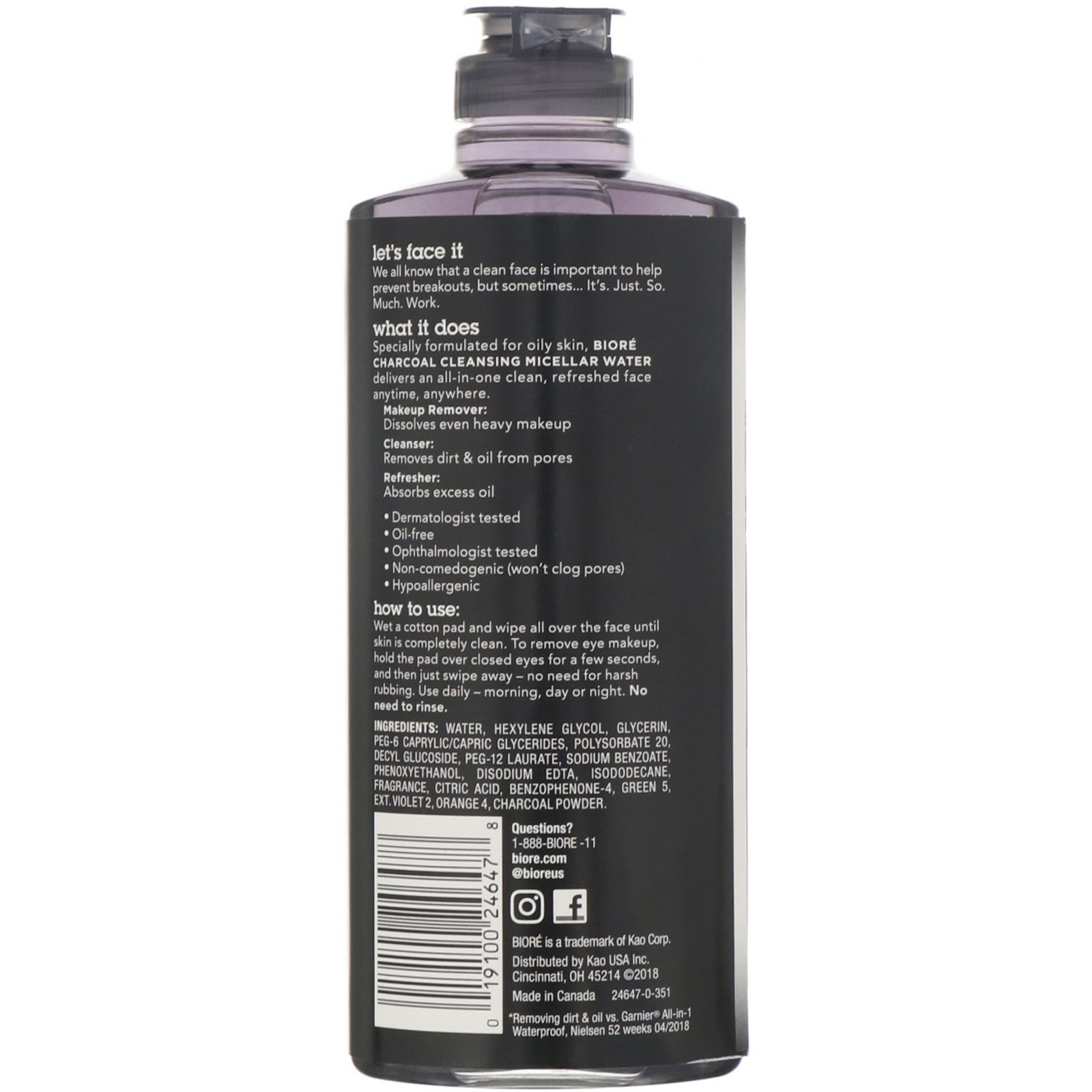 Biore, Água micelar de limpeza multifuncional, carvão vegetal, 10 fl oz (296 ml) - Imagem 2