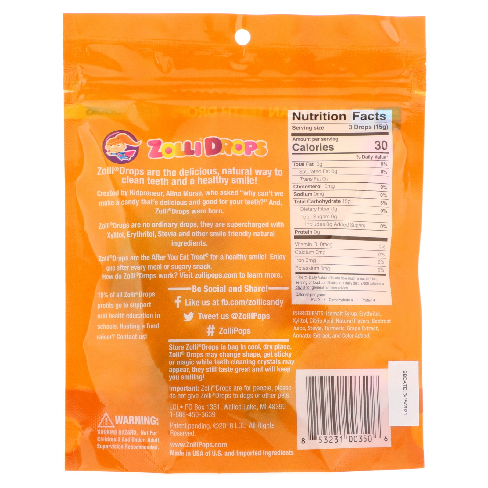 Zollipops , Zolli Drops: as pastilhas de limpeza dos dentes com sabor de frutas. Contém aproximadamente 15 unidades, 1.6 oz (45,3 g) - Imagem 2