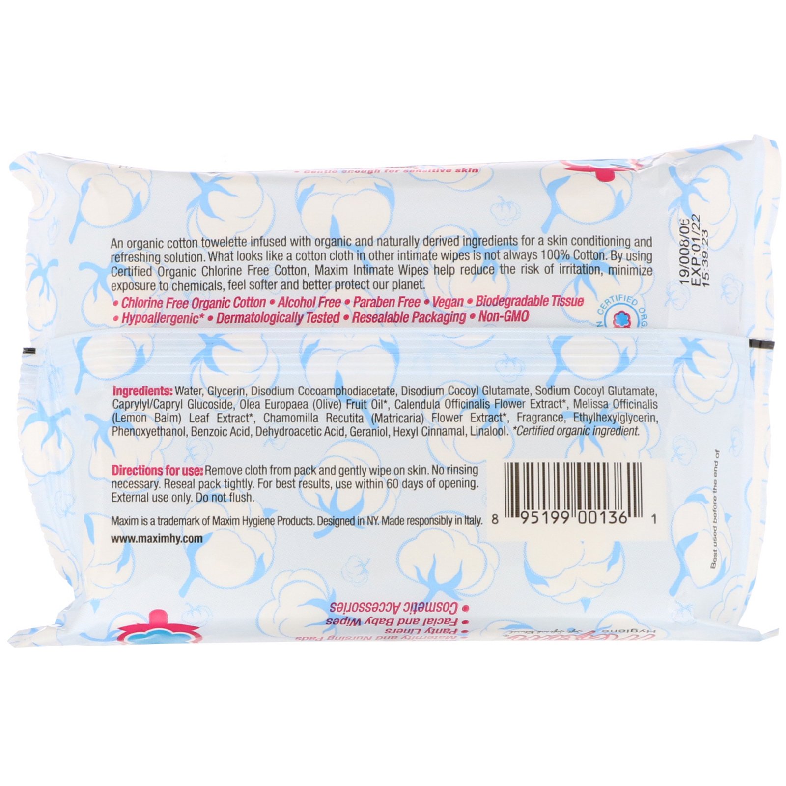 Maxim Hygiene Products, Toalhetes Íntimos de Algodão Orgânico, 20 Toalhetes Úmidos - Imagem 2