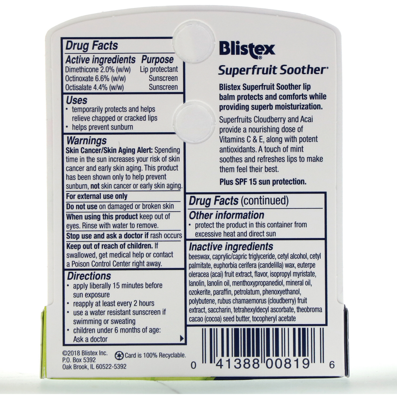 Blistex, Superfruit Soother, Lip Protectant/Sunscreen, SPF 15, 0.15 oz (4.25 g) - Imagem 3