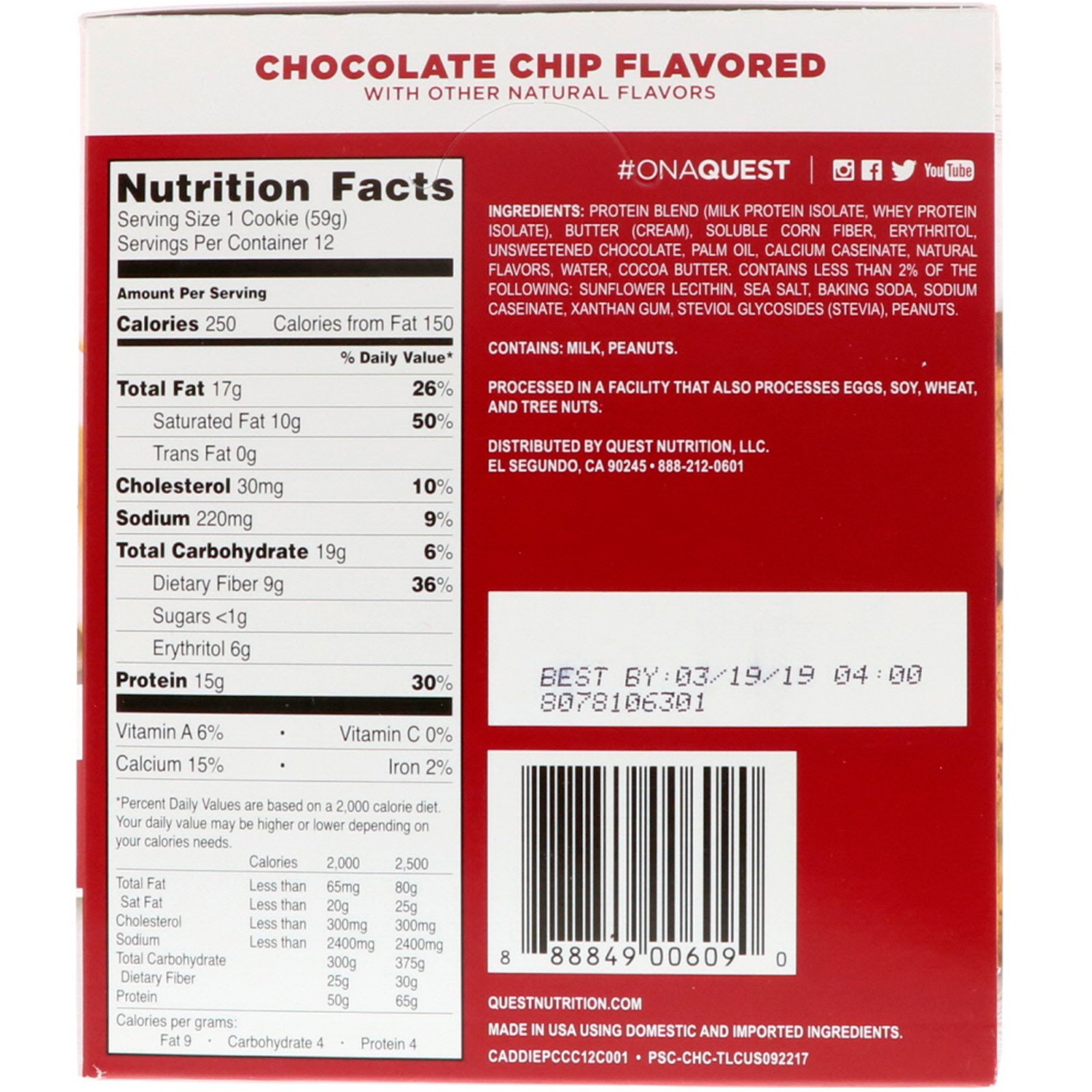 Quest Nutrition, Biscoito de Proteínas, Gotas de Chocolate, 12 Pacotes, 59 g (2,08 oz) Cada - Imagem 3