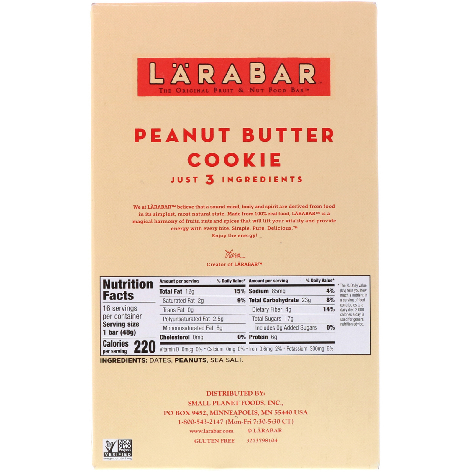 Larabar, The Original Fruit & Nut Food Bar, Peanut Butter Cookie, 16 Bars, 1.7 oz (48 g) Each - Imagem 3