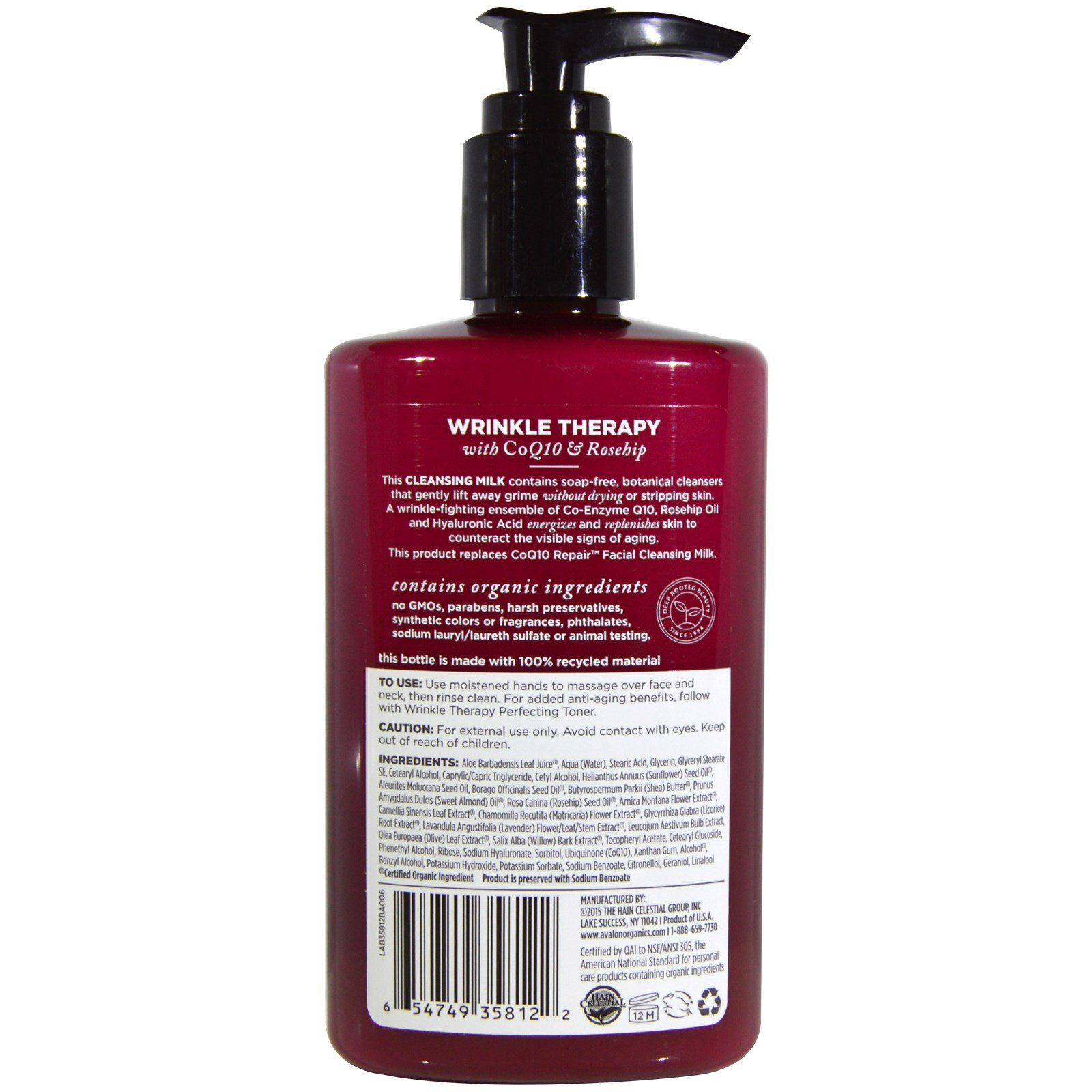 Avalon Organics, Terapia para rugas, com CoQ10 e quadril de rosas, Leite de limpeza, 251 ml - Imagem 2