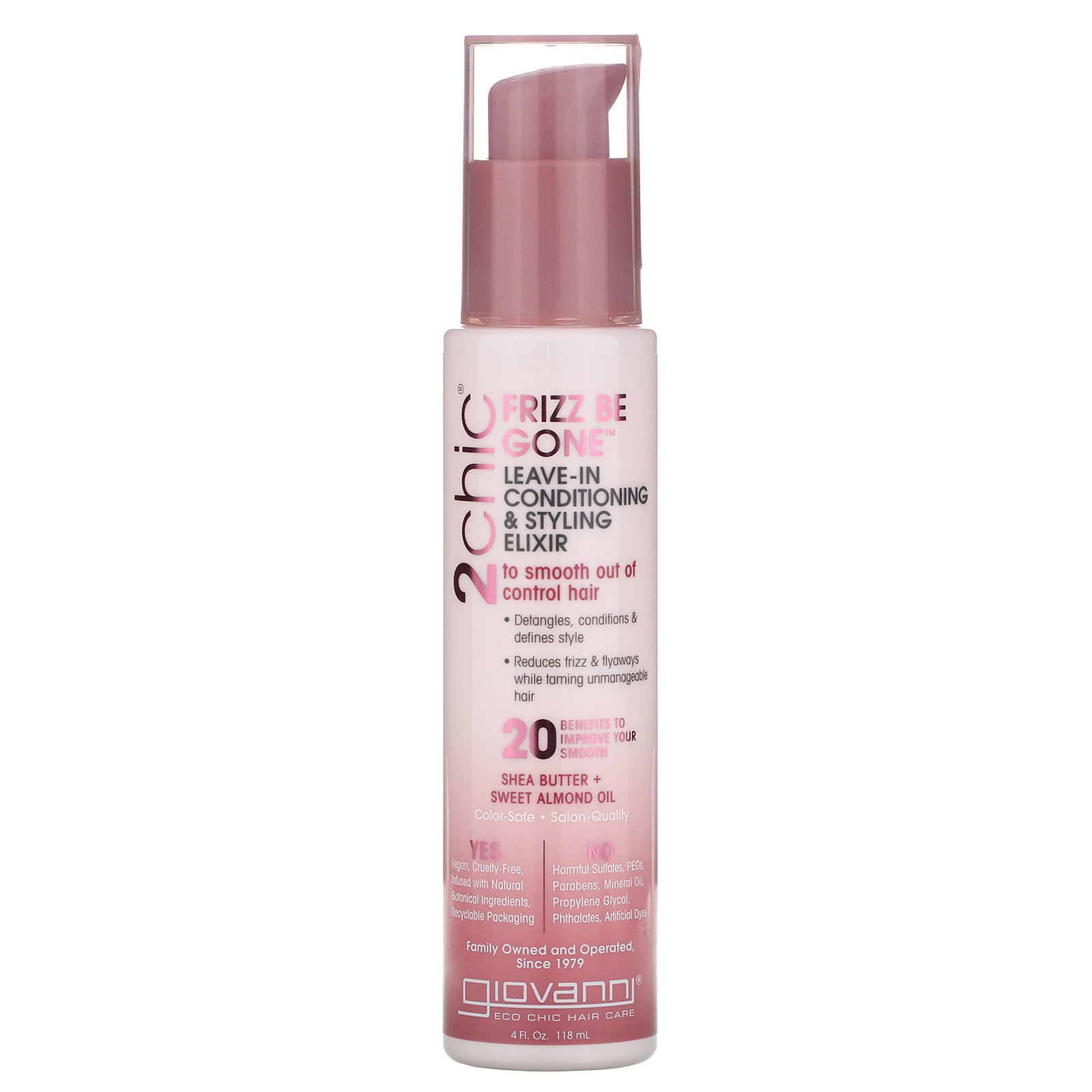 Giovanni, 2chic, Frizz Be Gone Leave-In Conditioning & Styling Elixir, Shea Butter & Sweet Almond Oil, 4 fl oz (118 ml)