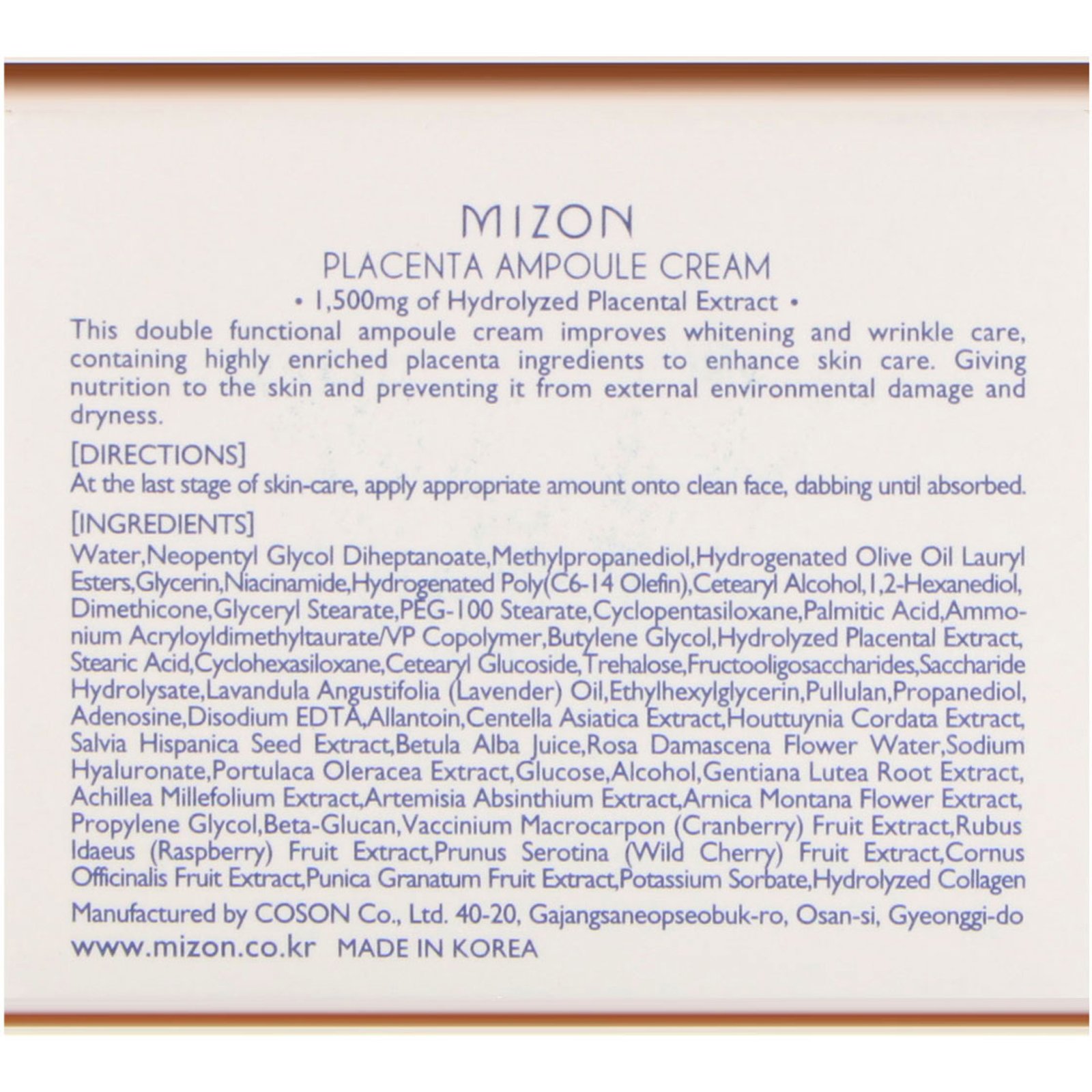 Mizon, Placenta Ampoule Cream, 1.69 fl oz (50 ml) - Imagem 3