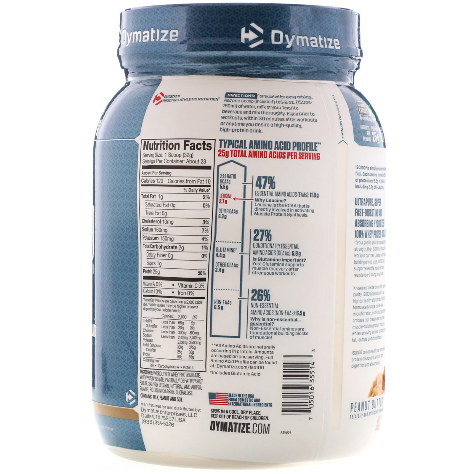 Dymatize Nutrition, Whey Protein Isolada 100%, Hidrolisada ISO 100, Manteiga de Amendoim, 25,6 oz (725 g) - Imagem 2