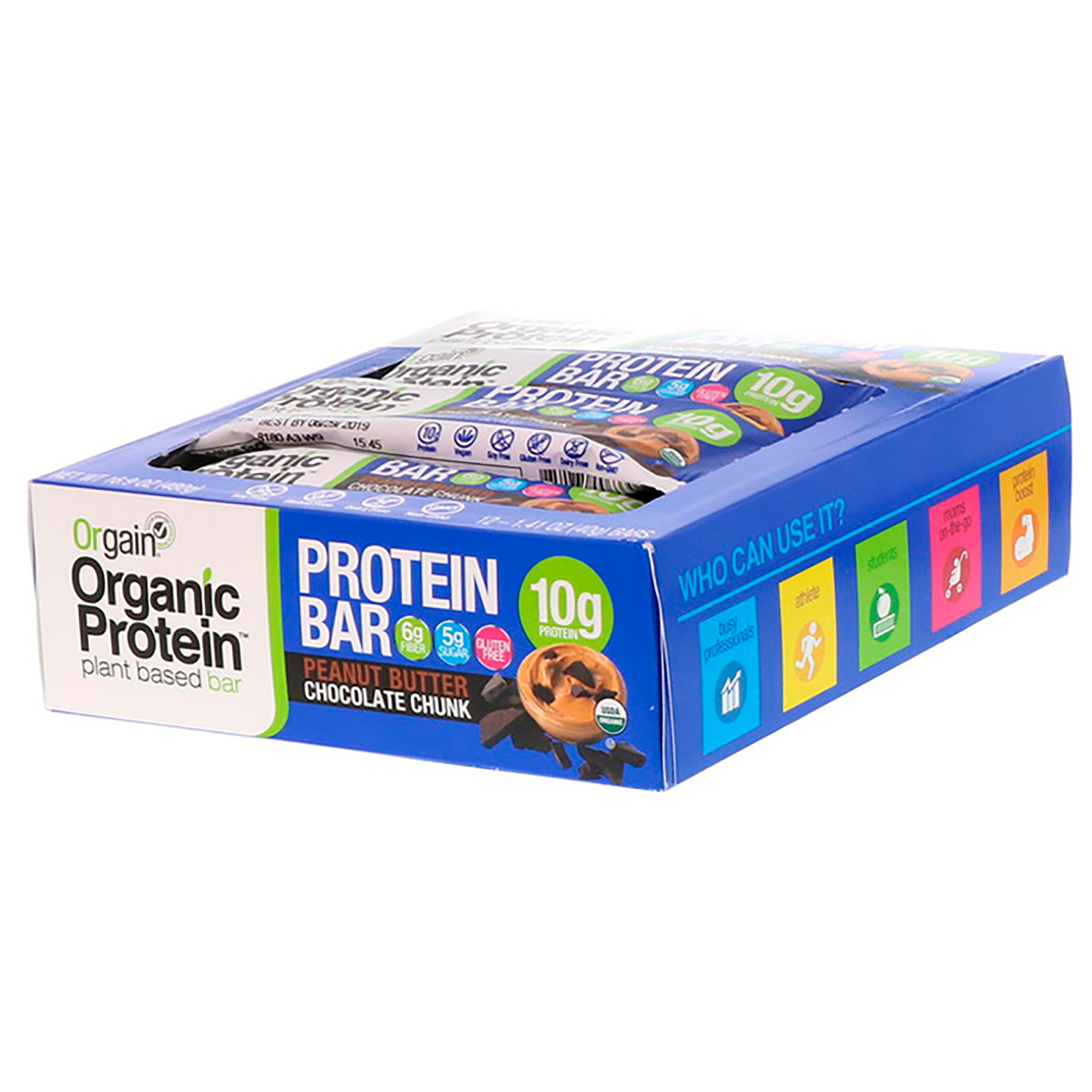 Orgain, Barra de Proteína Orgânica à Base de Plantas, Pedaço de Chocolate com Manteiga de Amendoim, 12 Barras, 40 g (1,41 oz) Cada