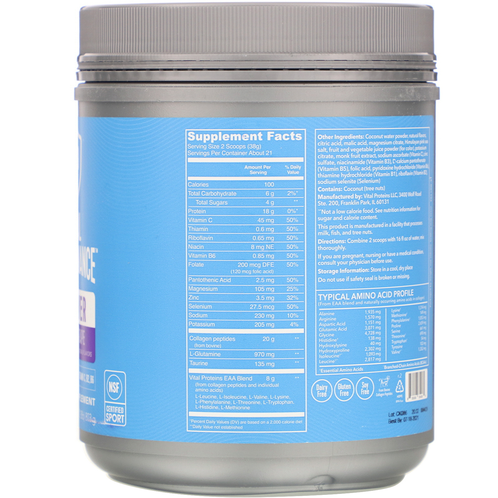 Vital Proteins, Vital Performance, Recover, Lemon Grape, 28.3 oz (803 g) - Imagem 2