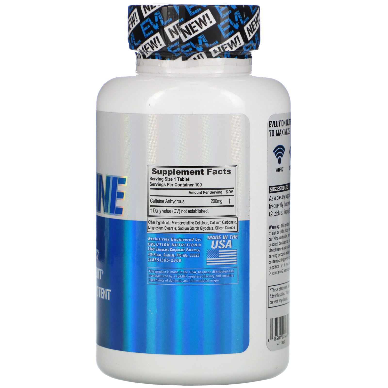 EVLution Nutrition, Caffeine, 200 mg, 100 Tablets - Imagem 2