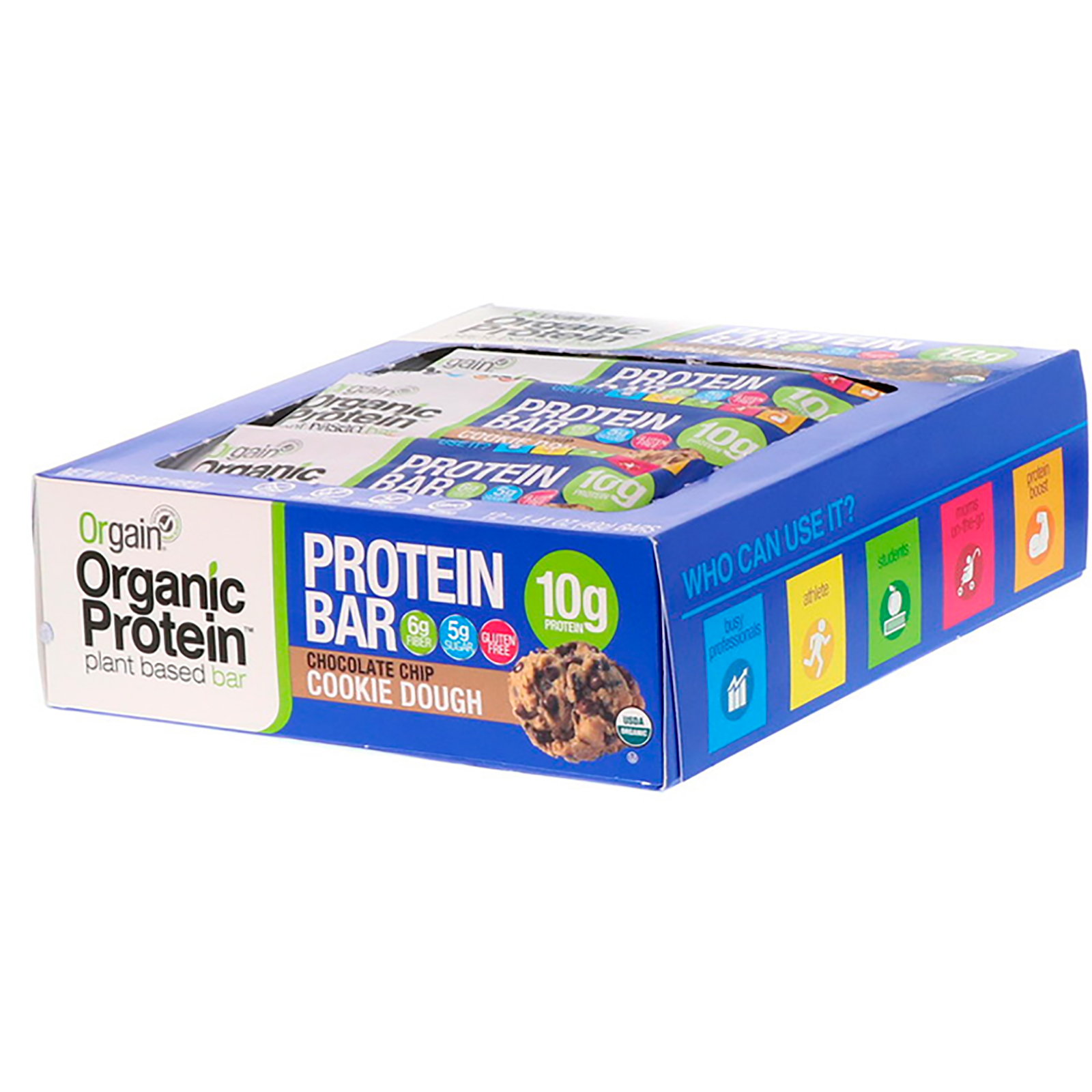 Orgain, Barra de Proteínas Orgânicas à Base de Plantas, Massa de Biscoito com Pedaços de Chocolate, 12 Barras, 40 g (1,41 oz) Cada