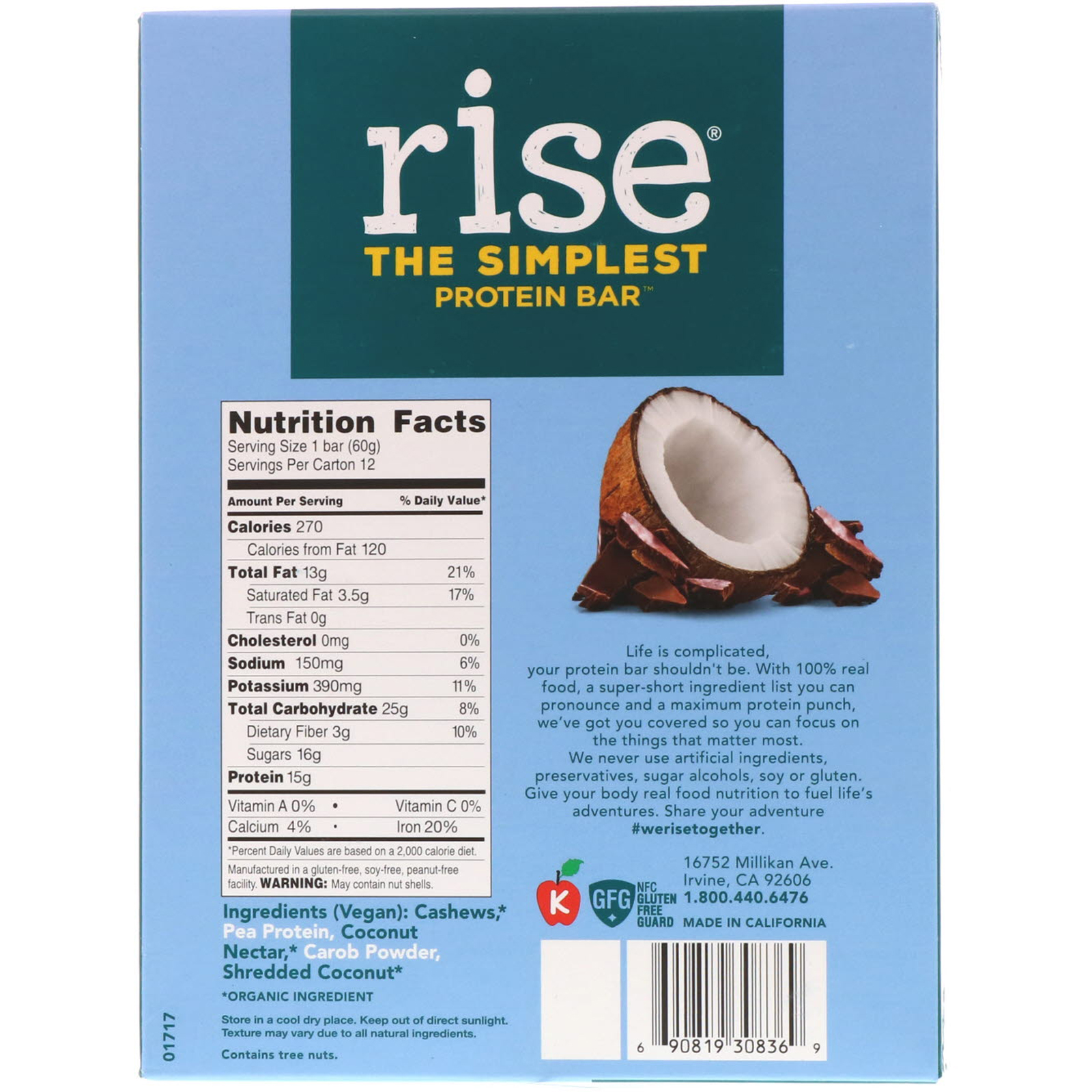 Rise Bar, THE SIMPLEST PROTEIN BAR, Chocolatey Coconut, 12 Bars, 2.1 oz (60 g) Each - Imagem 3