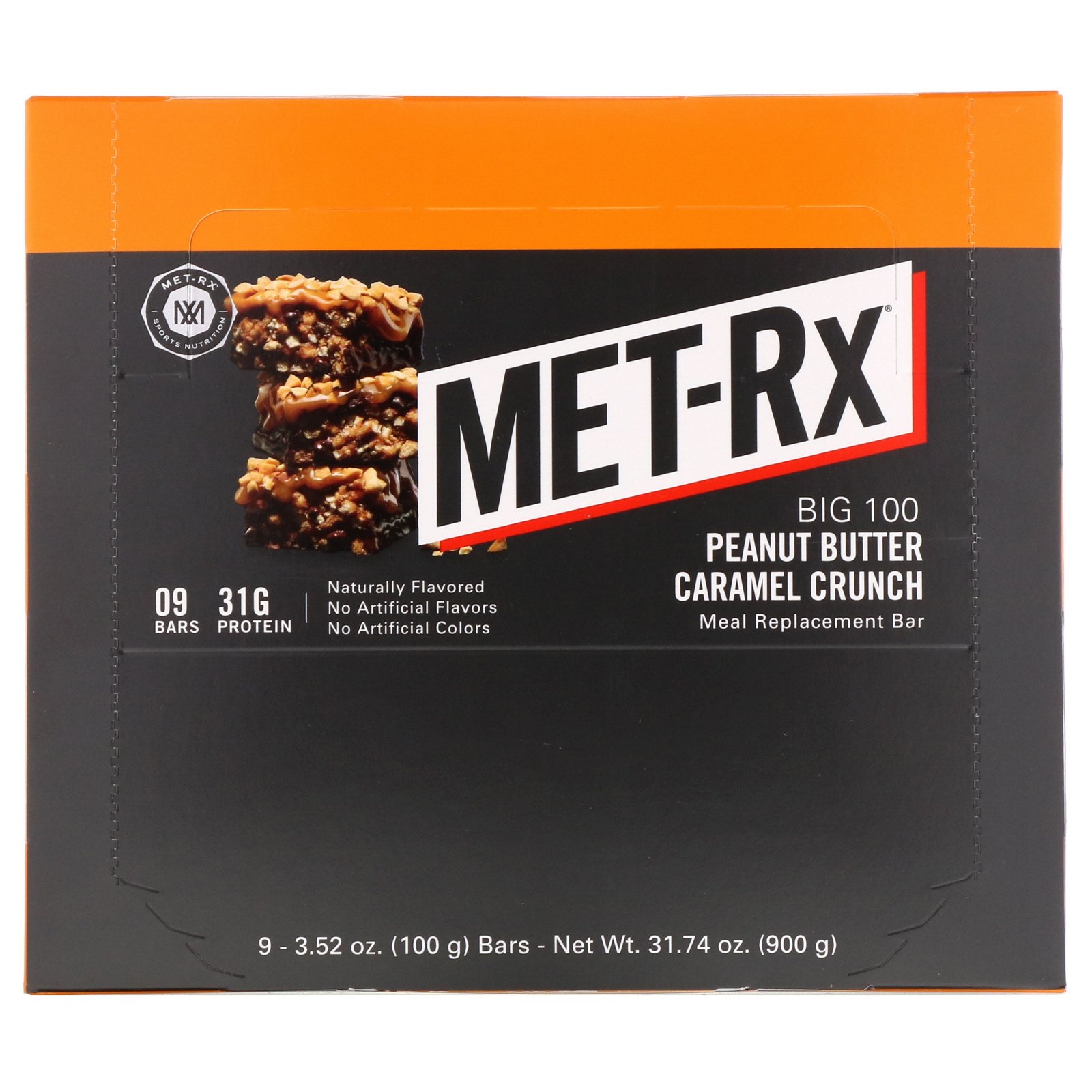 MET-Rx, Big 100, Meal Replacement Bar, Peanut Butter Caramel Crunch, 9 Bars, 3.52 oz (100 g) Each - Imagem 2