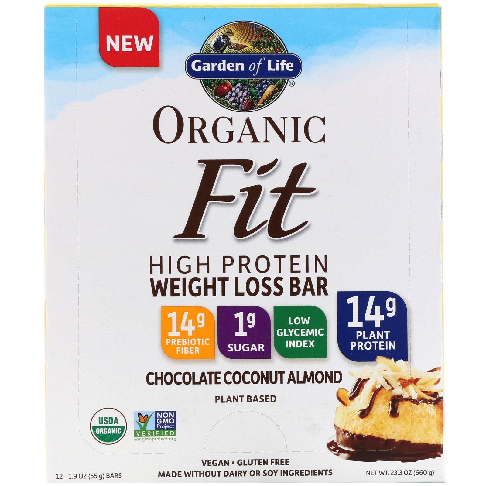 Garden of Life, Organic Fit, Barra com Alto Teor Proteico para Perda de Peso, Sabor Chocolate, Coco e Amêndoa, 12 Barras, 55 g (1,9 oz) Cada - Imagem 2