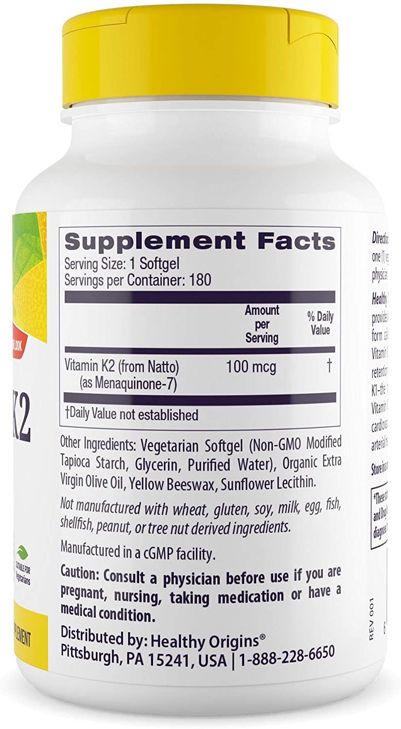 Healthy Origins Vitamin K2 (as MK-7), 100 mcg 180 Veggie Softgels - Imagem 2